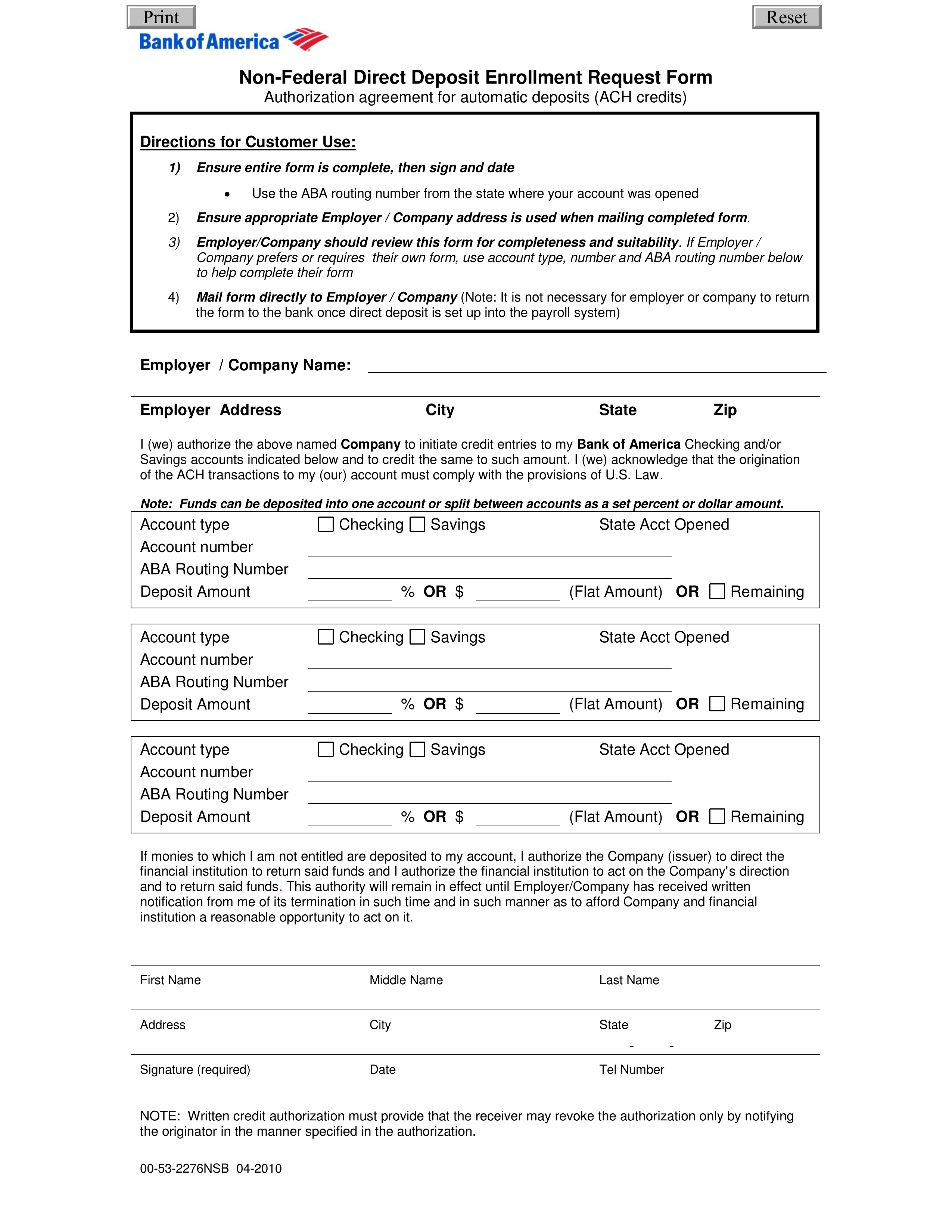 Bank Direct Deposit Form