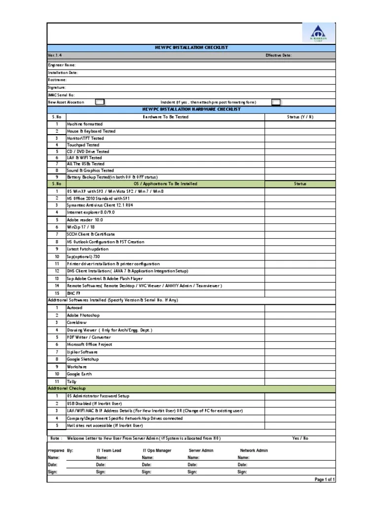 Printable PC Deployment Checklist Template
