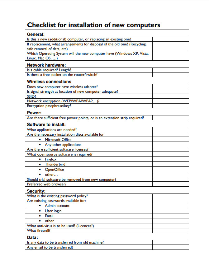 Printable PC Deployment Checklist Template