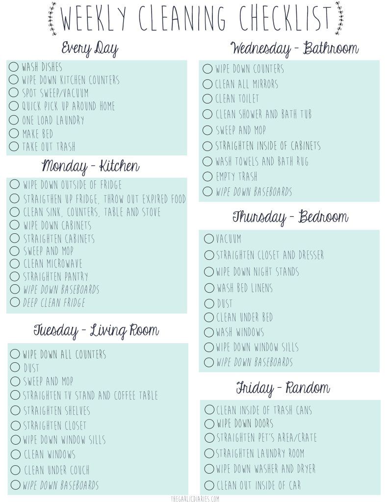 Printable Weekly Cleaning Chart Template