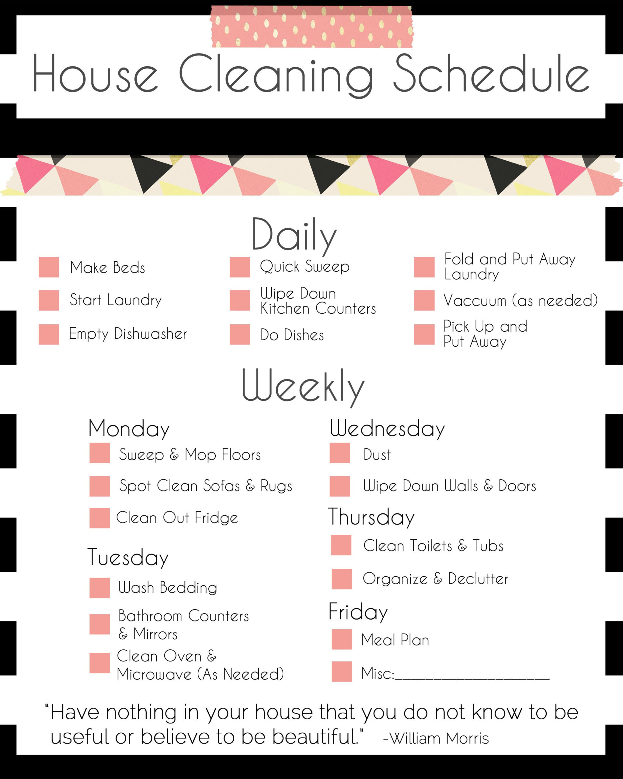 sample weekly cleaning planner template