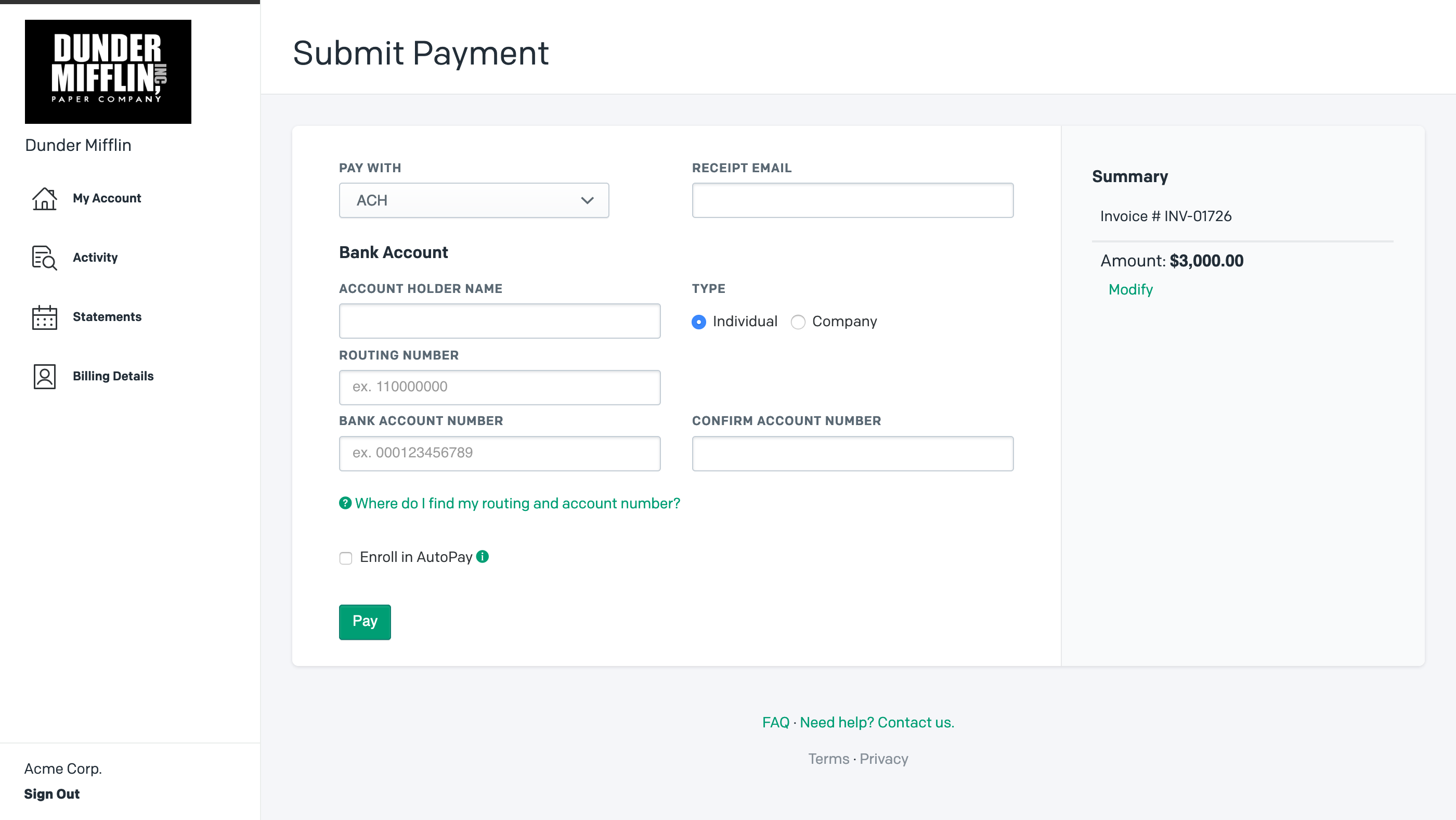 sample ach invoice template