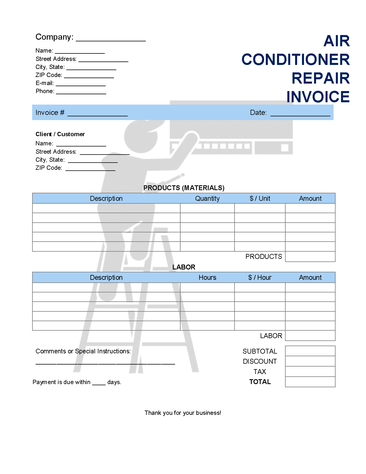 sample invoice for air conditioning template