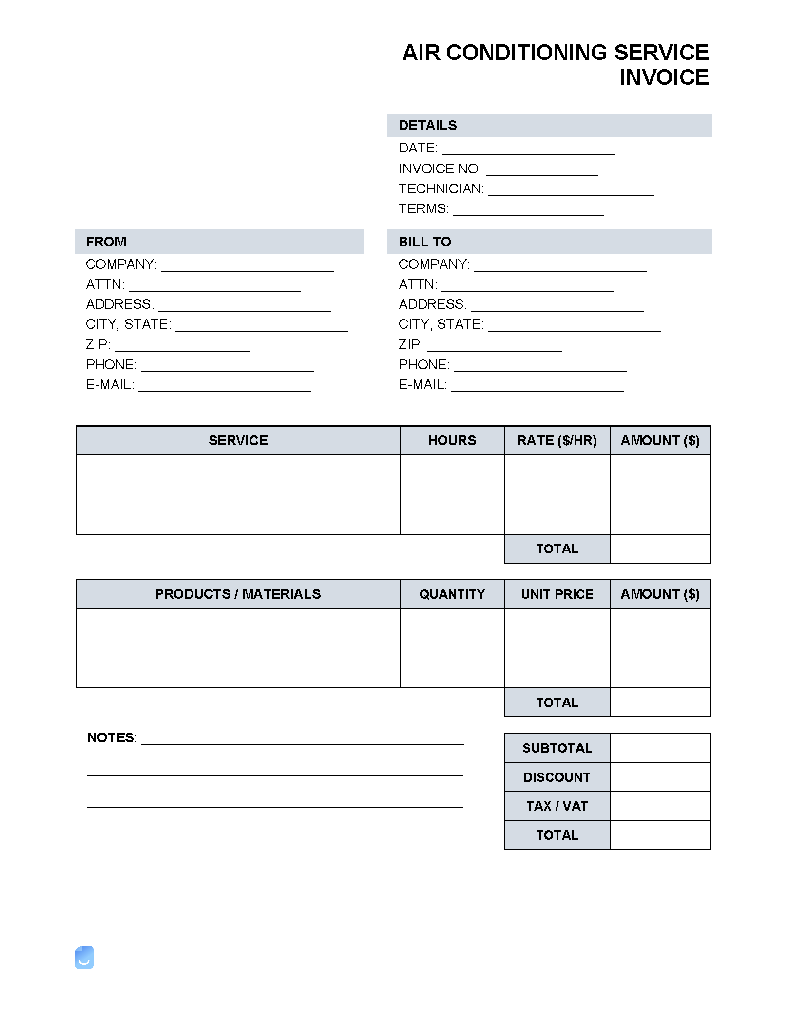 sample invoice for air conditioning template