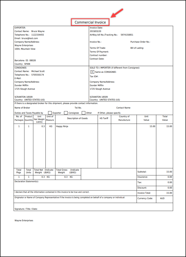 sample DHL commercial invoice template