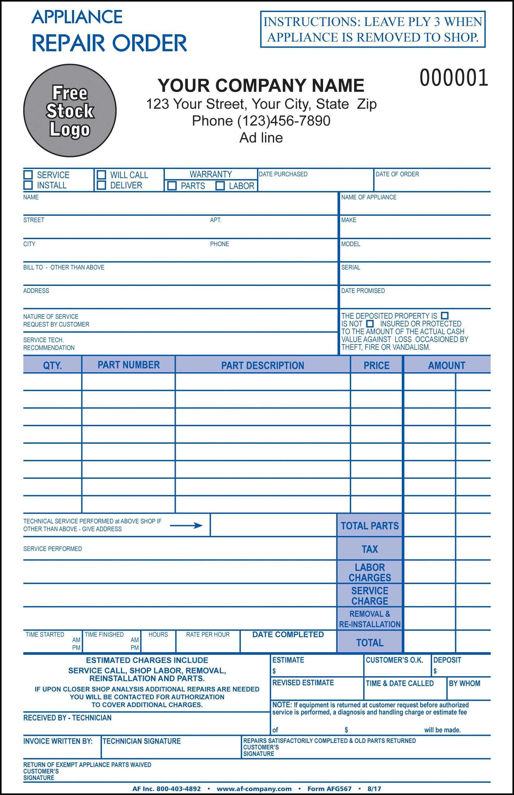 sample appliance repair invoice template