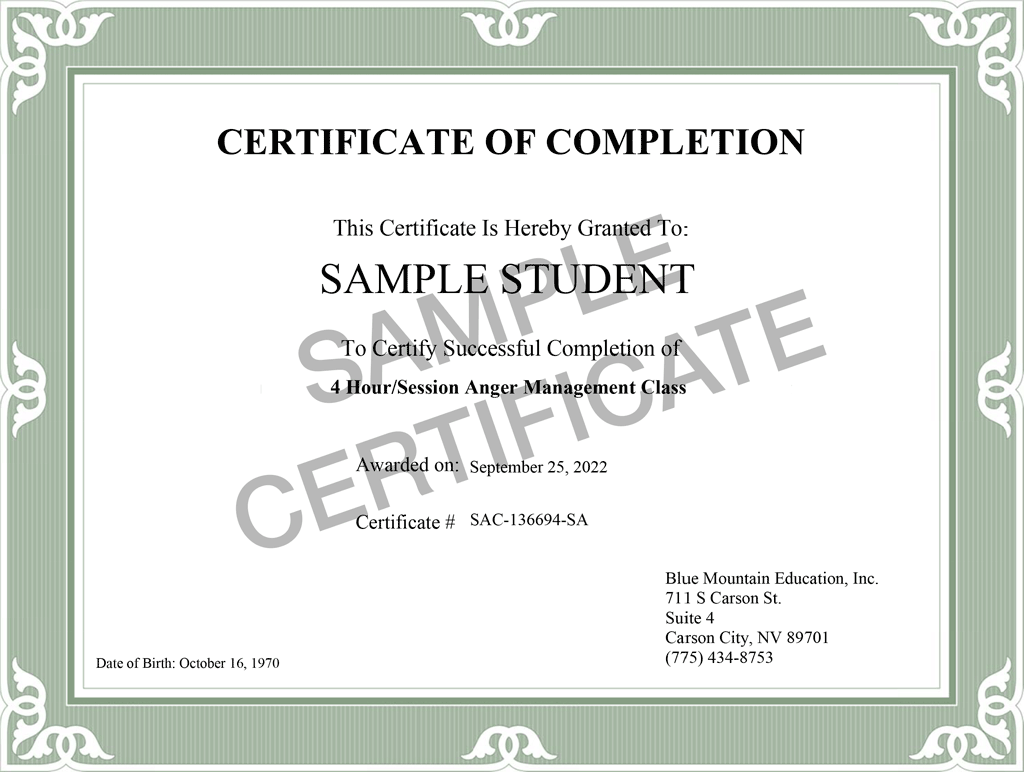 sample anger management completion certificate template