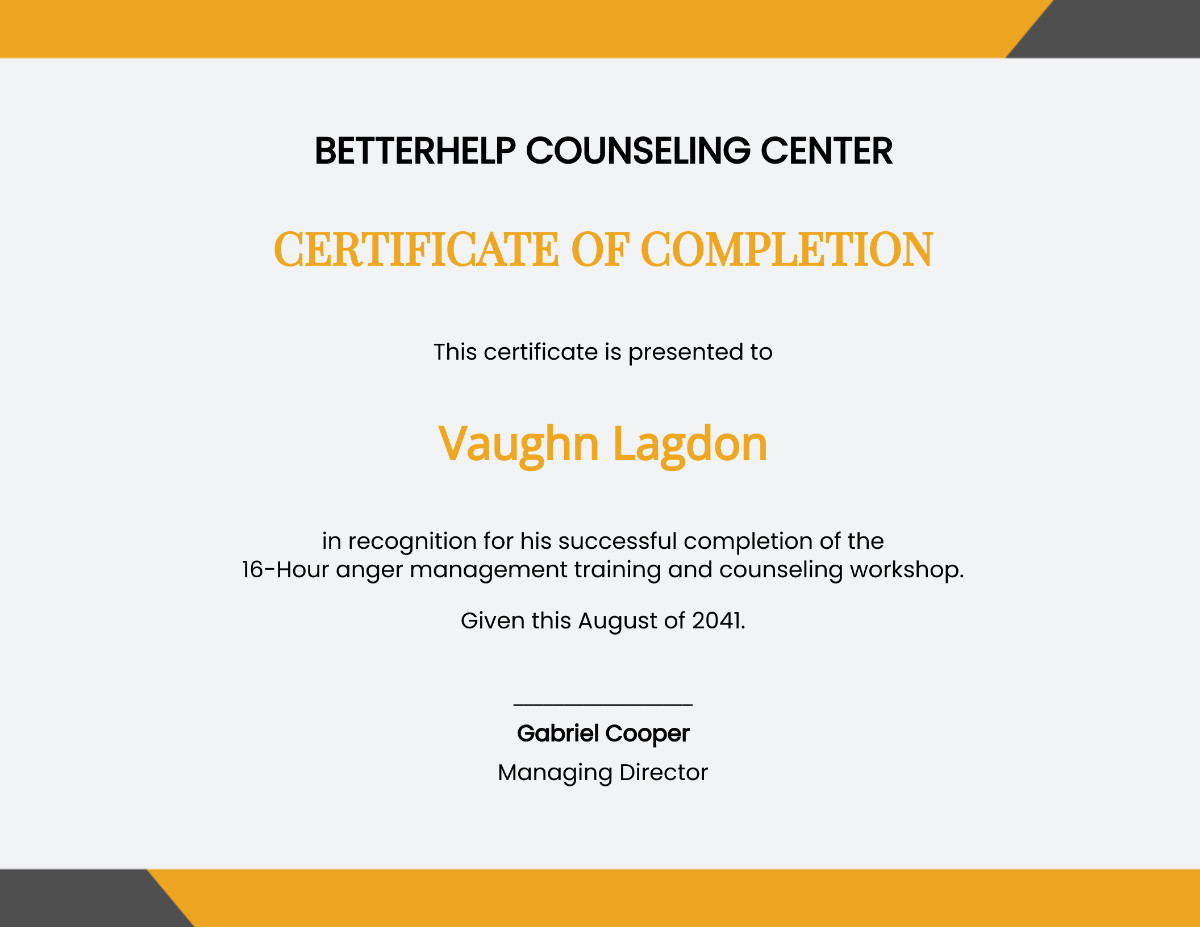 sample anger management completion certificate template