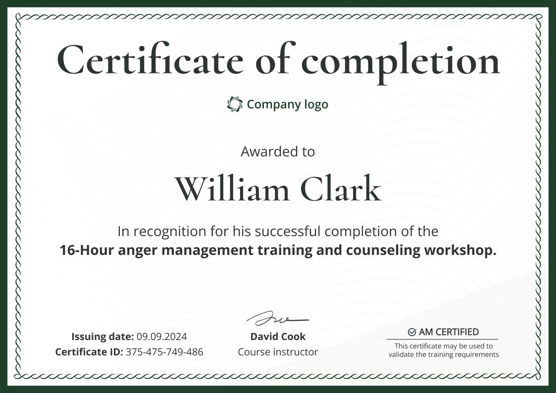 sample anger management completion certificate template