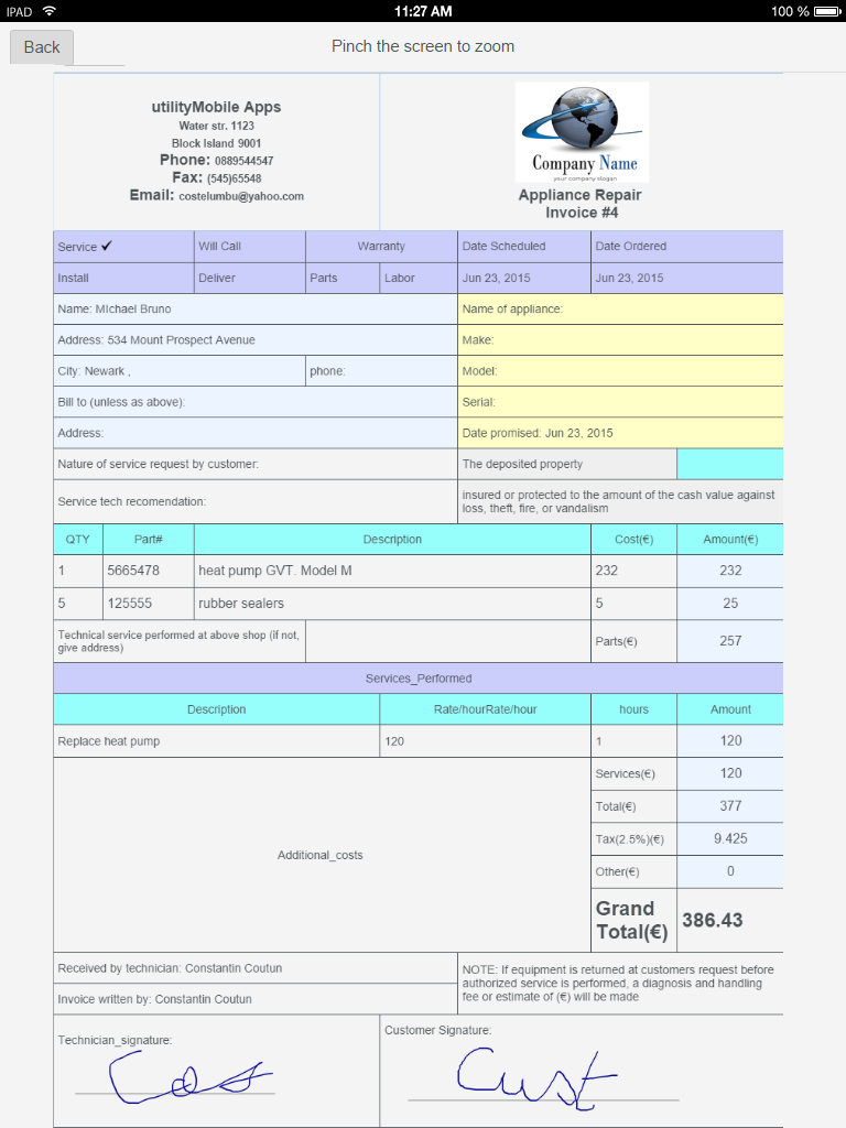 sample appliance repair invoice template