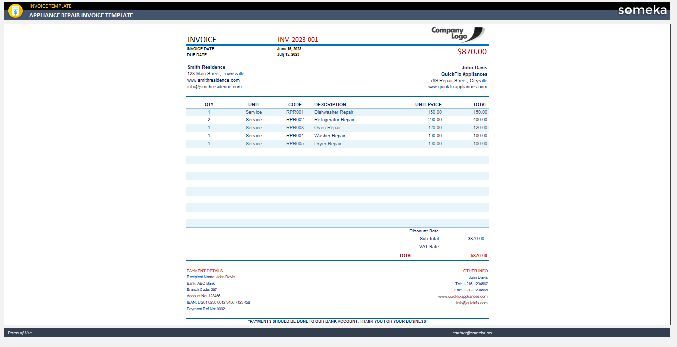 sample appliance repair invoice template