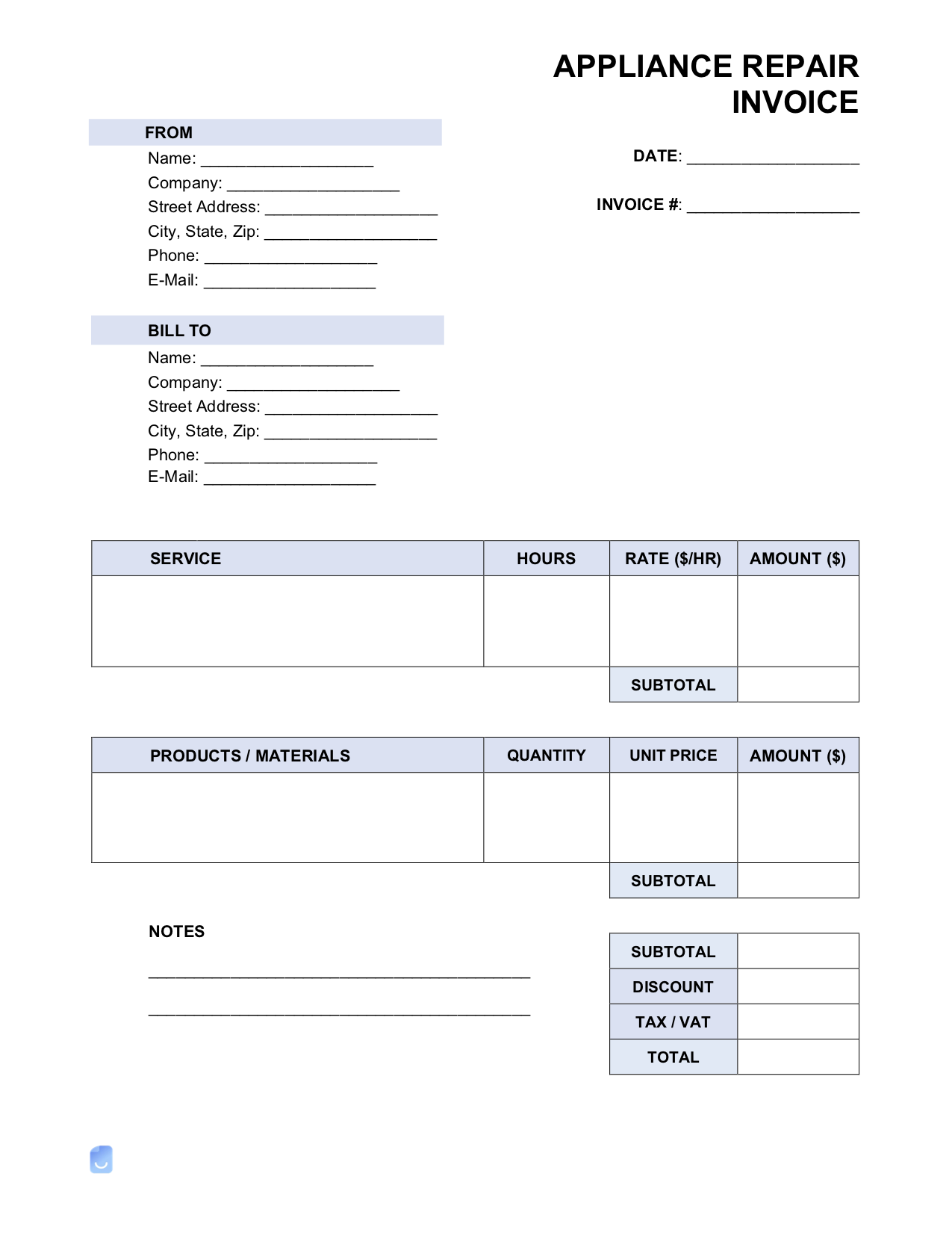 sample appliance repair invoice template