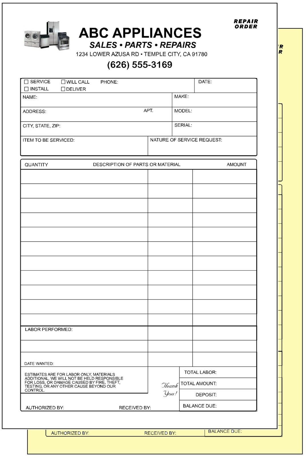 sample appliance repair invoice template