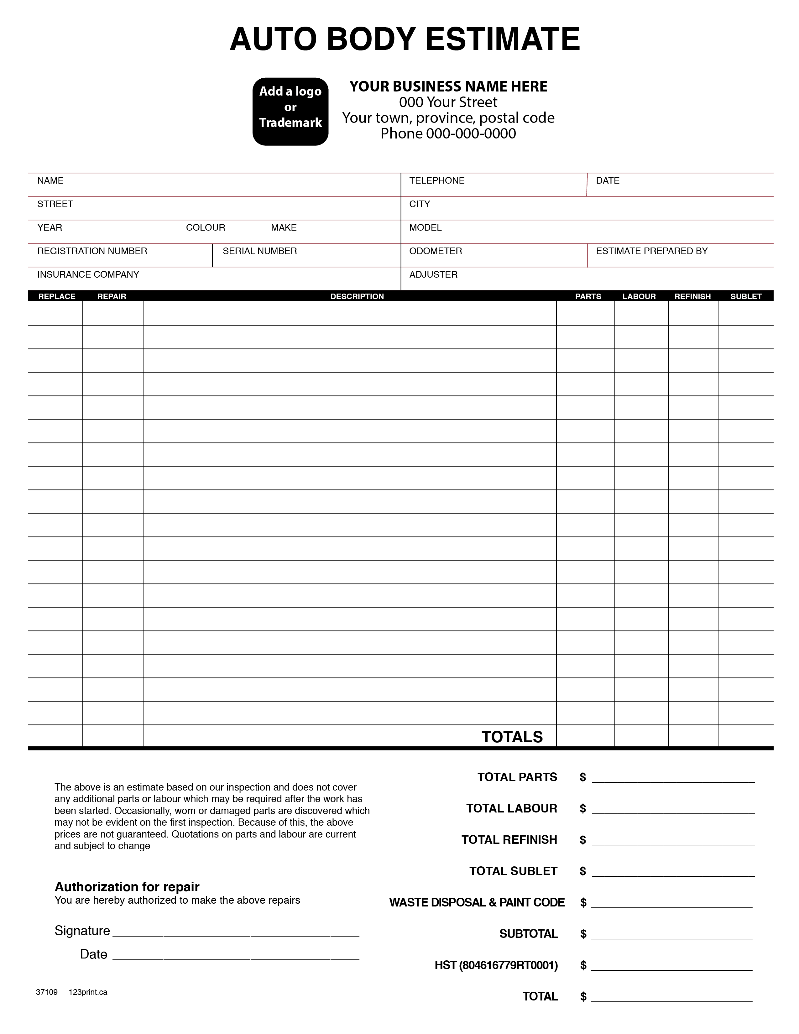 sample body shop estimate template