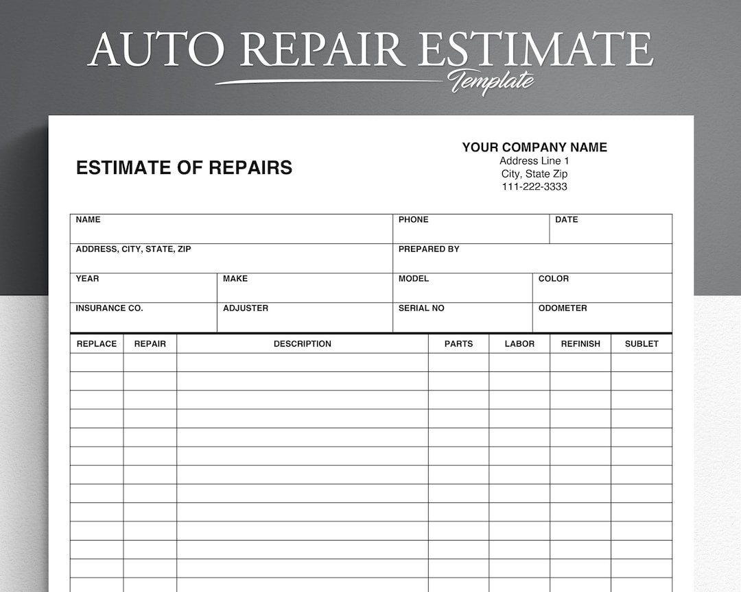 sample car repair estimate template