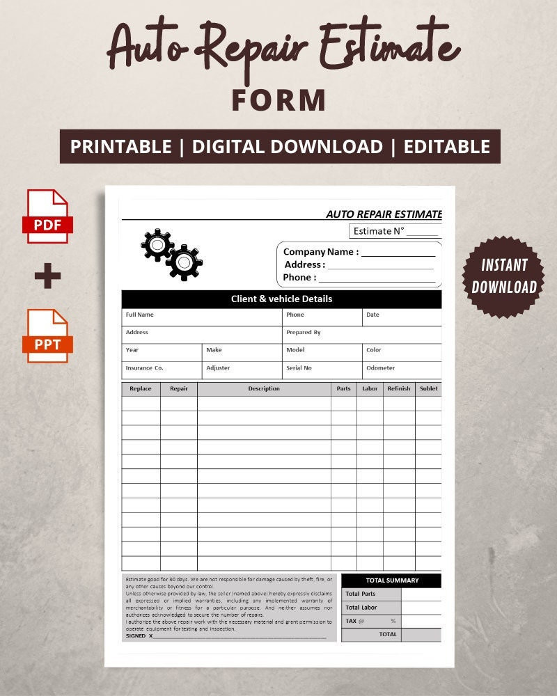 sample vehicle repair estimate template