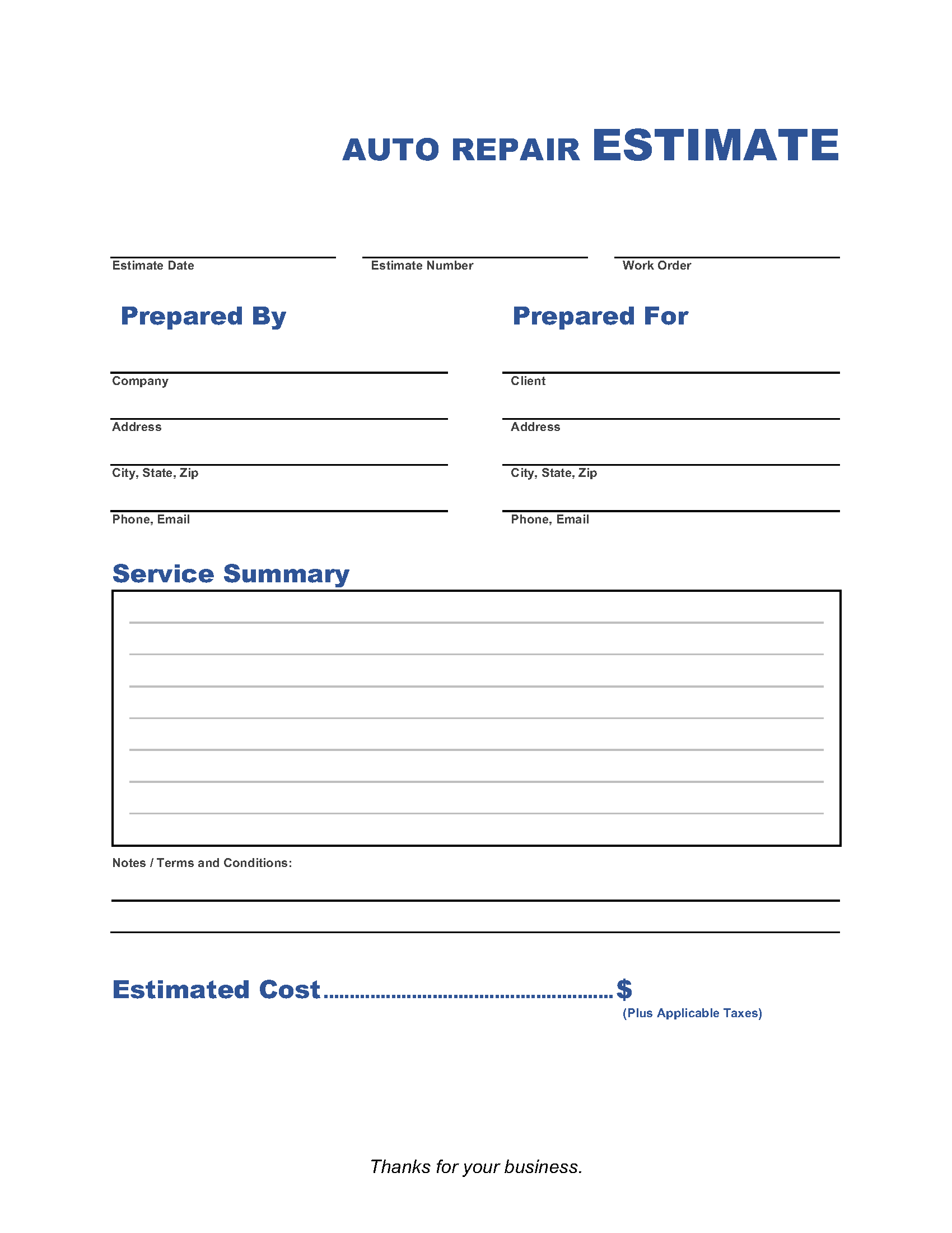 sample car repair estimate template