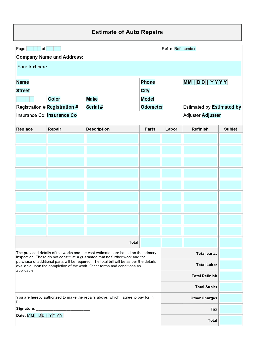 sample car repair estimate template