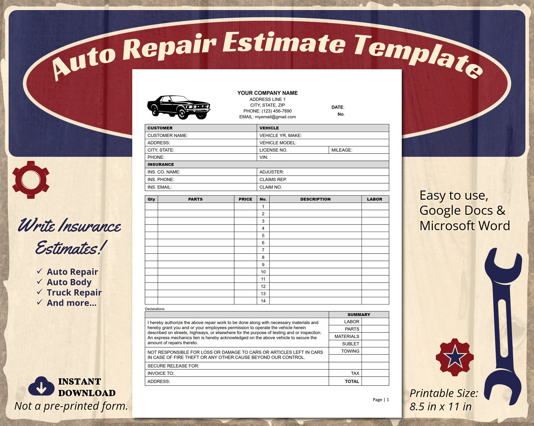 sample car repair estimate template