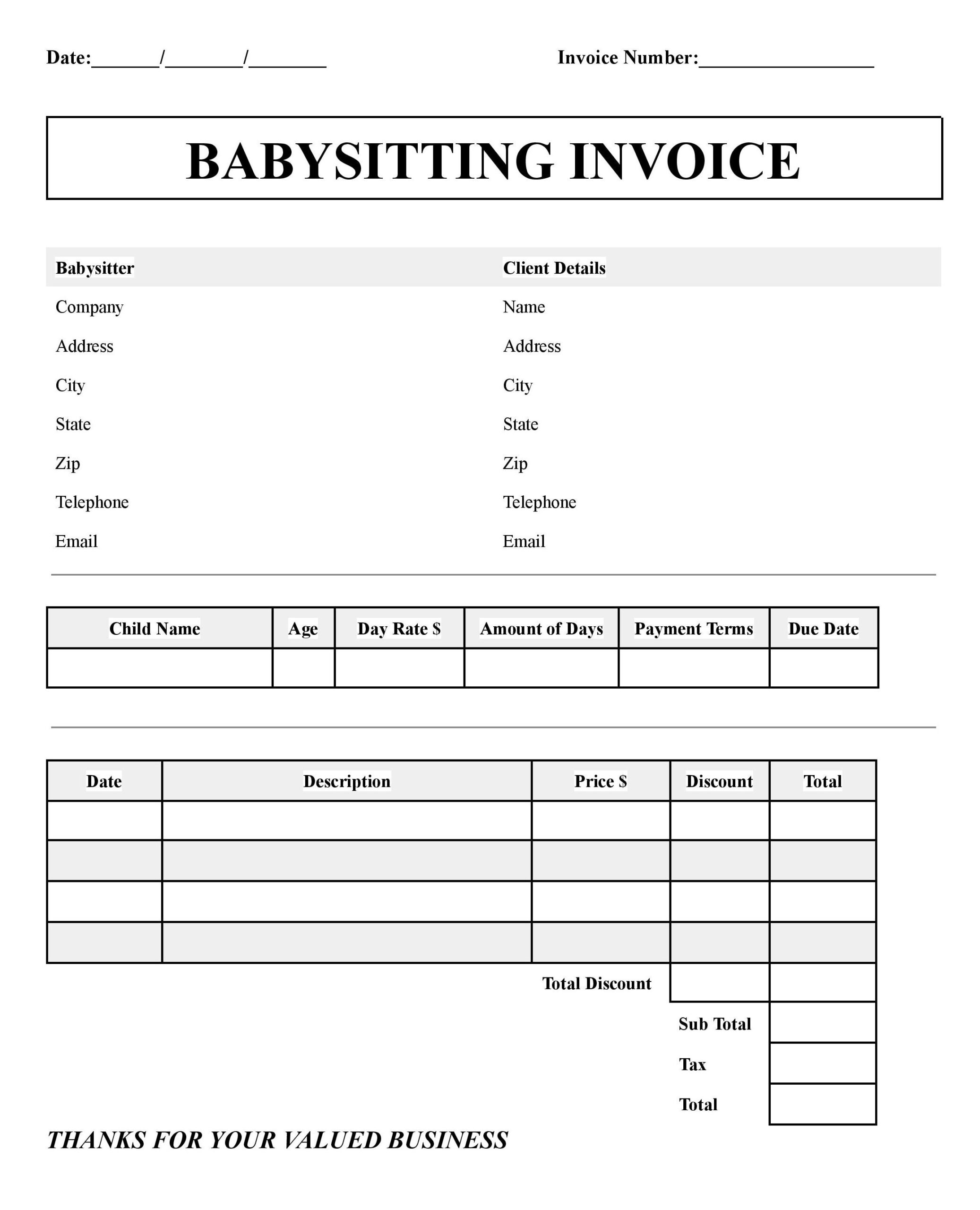 sample babysitting invoice template