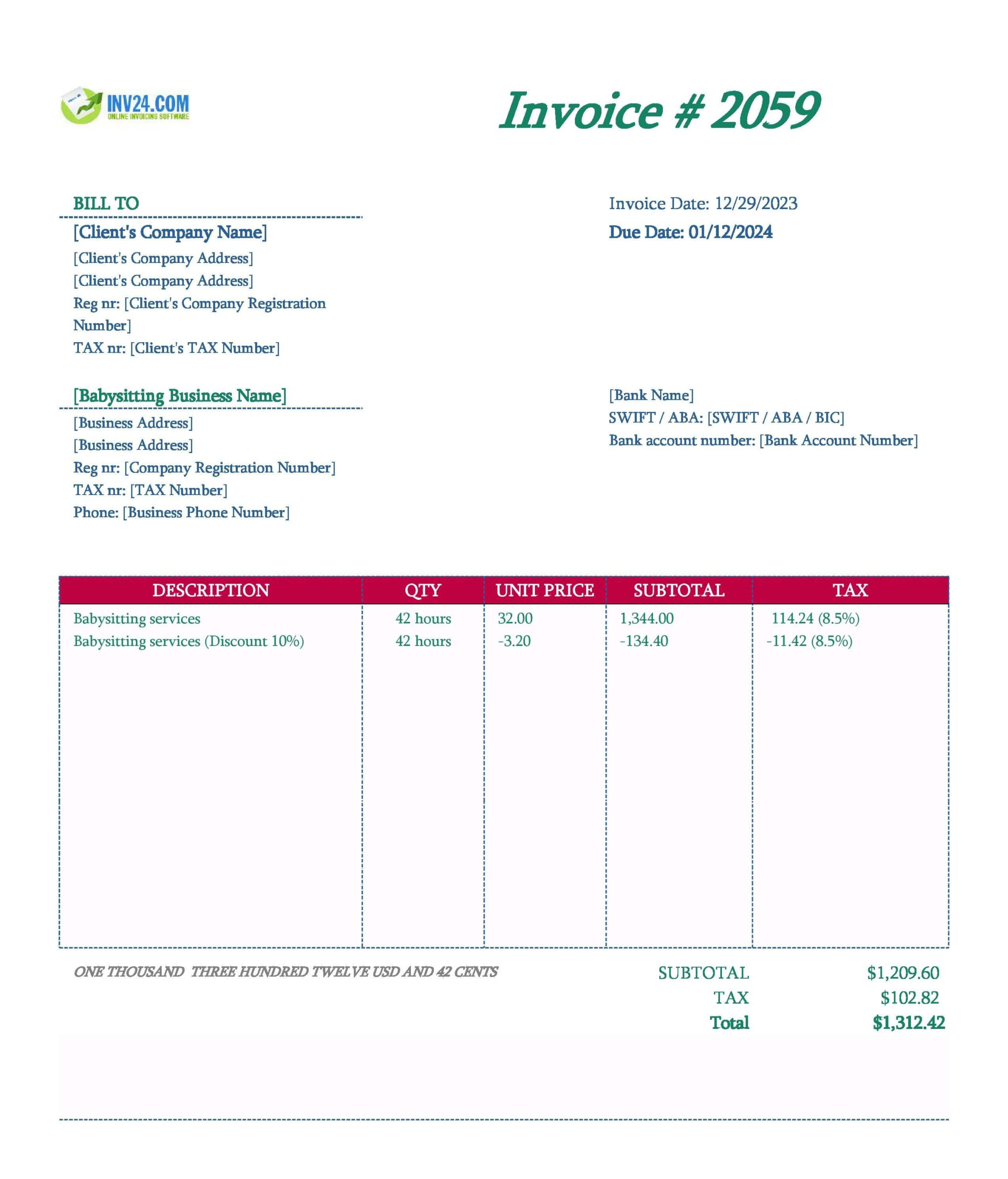 sample babysitting invoice template