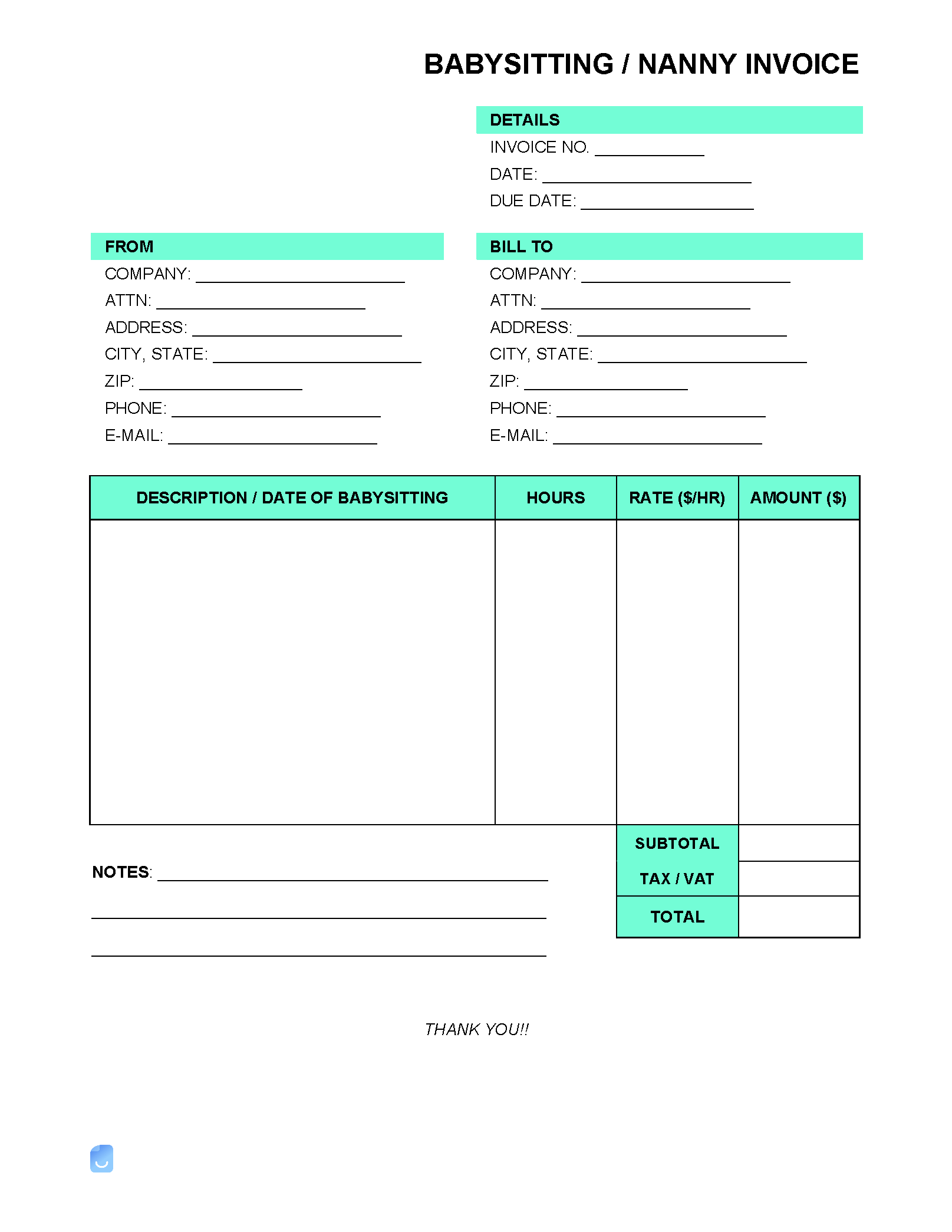 sample babysitting invoice template