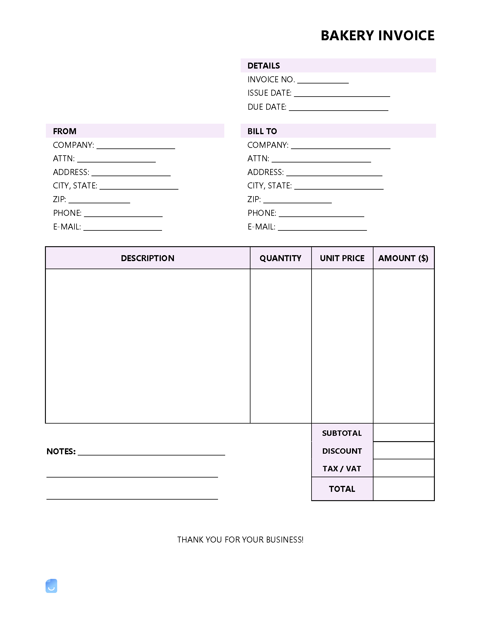 sample invoice for bakery template