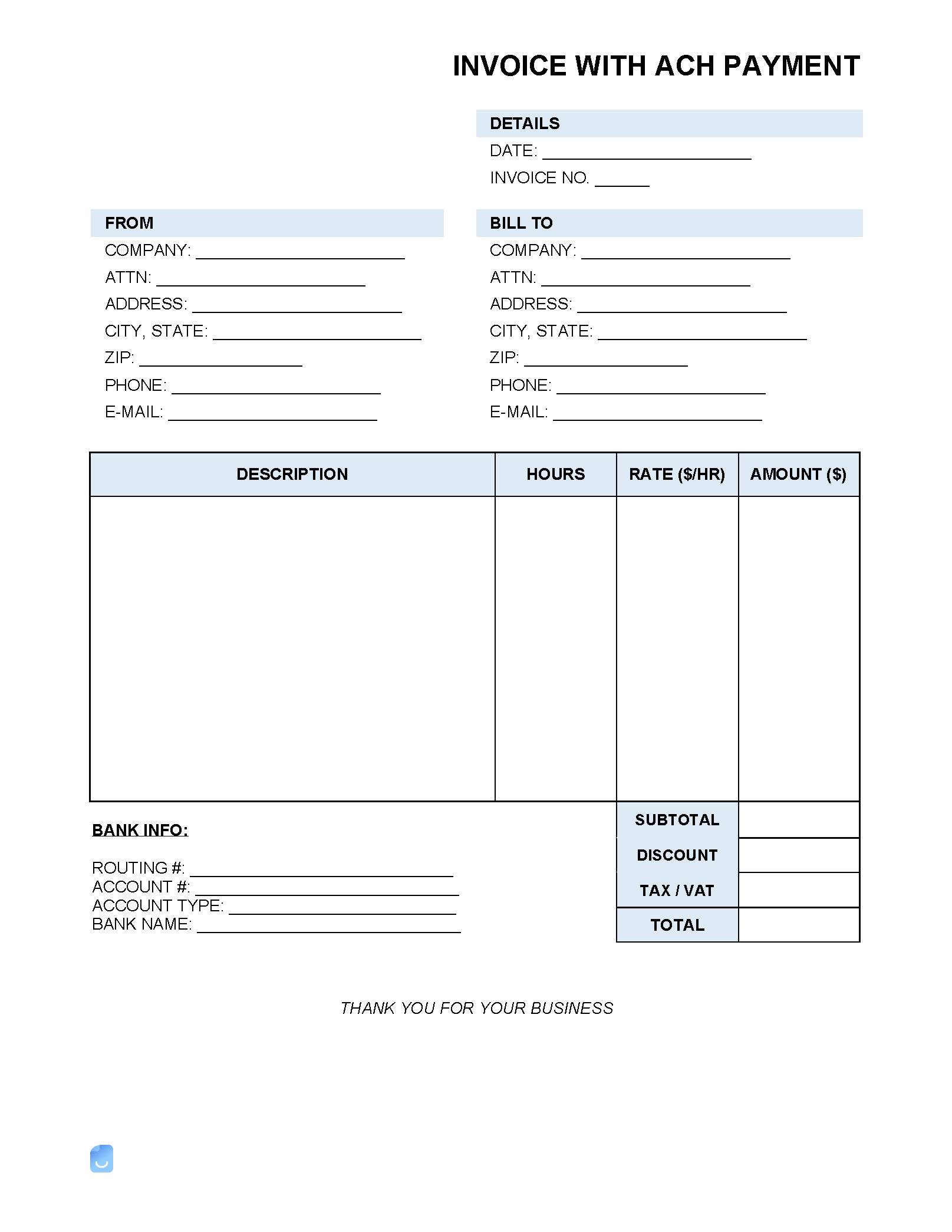 sample ach invoice template