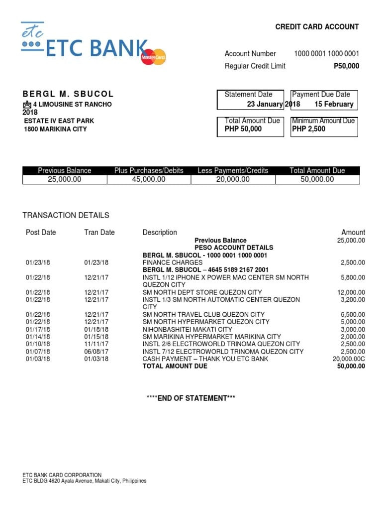 sample credit card billing statement template