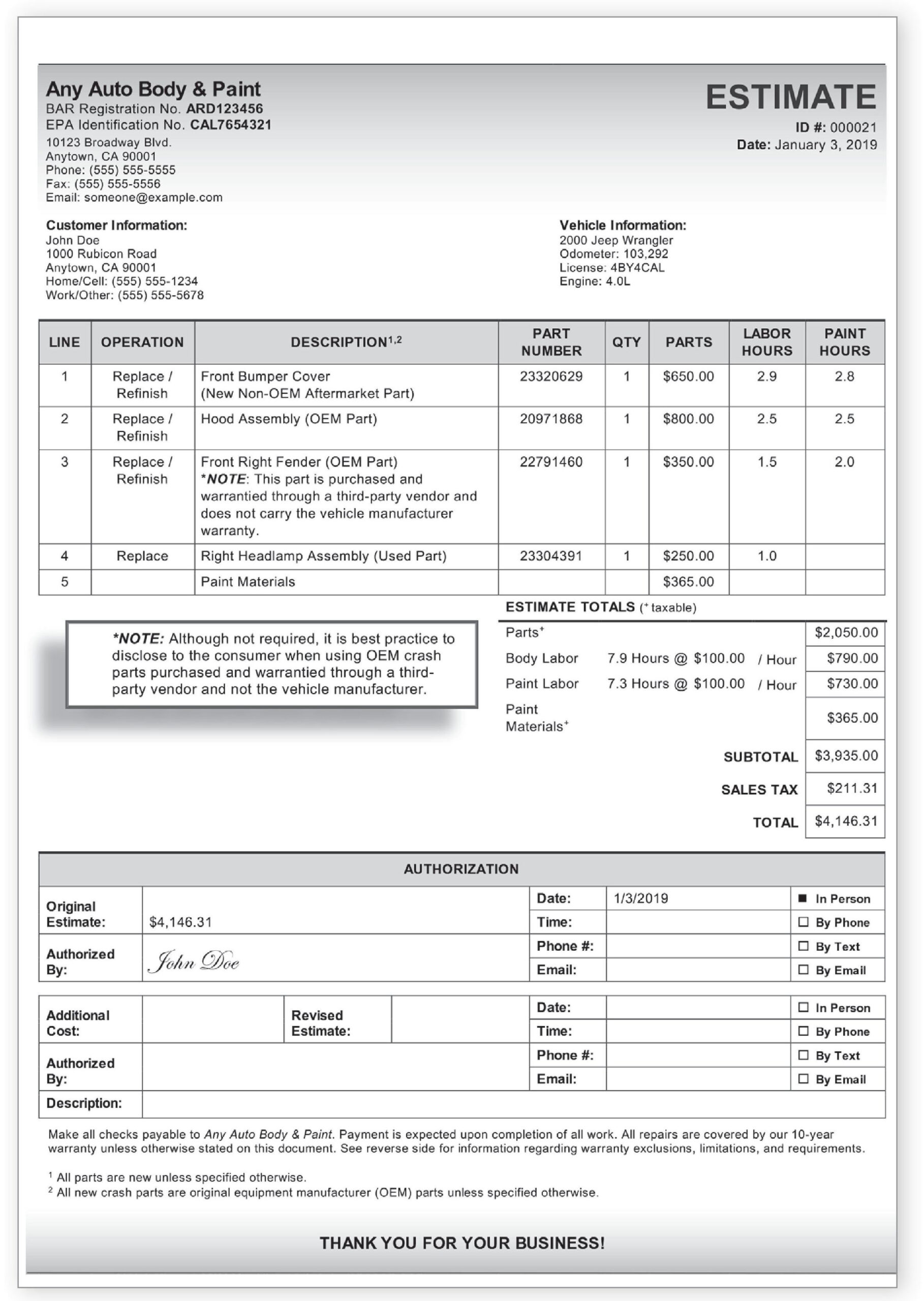 sample body shop estimate template