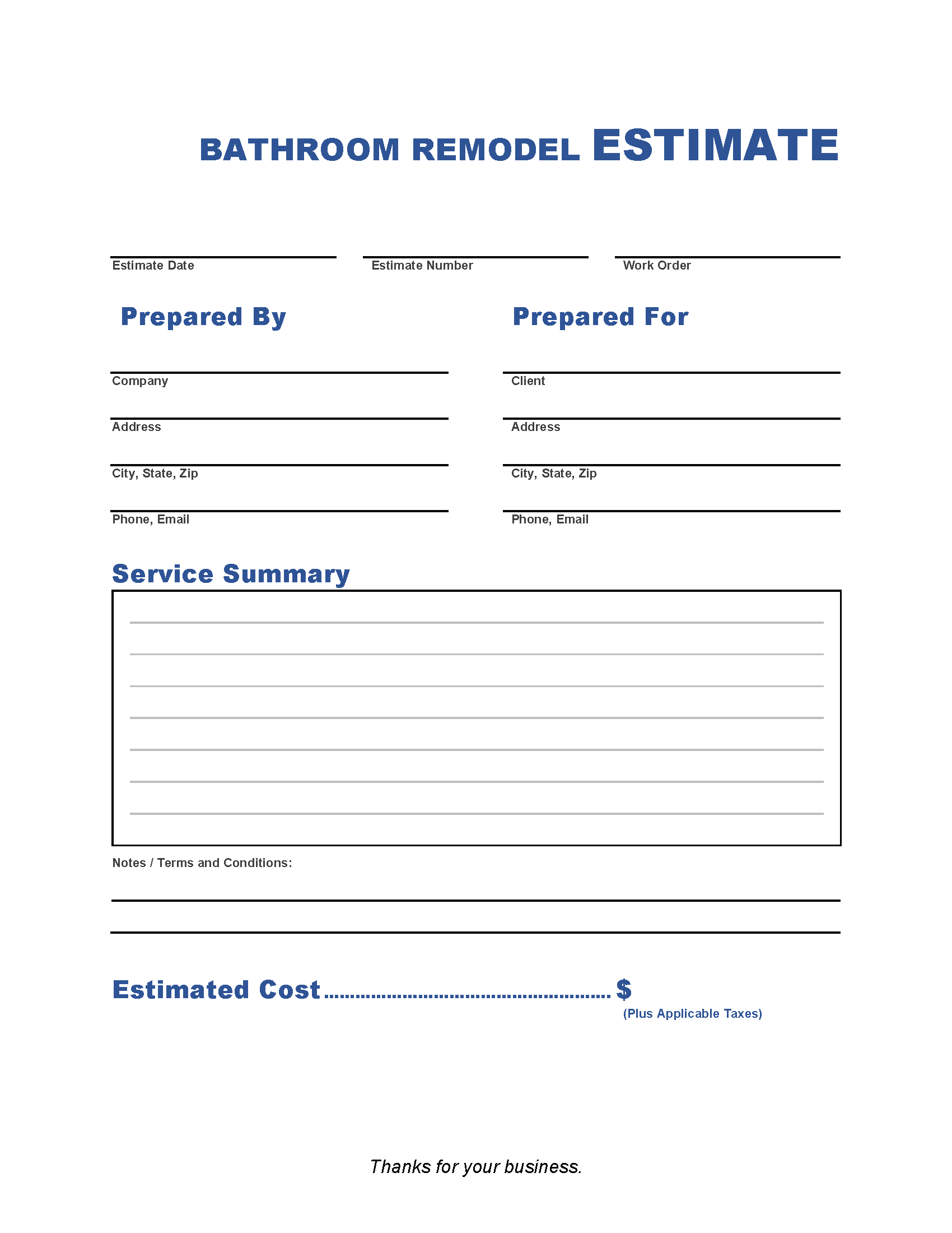 sample bathroom remodeling estimate template