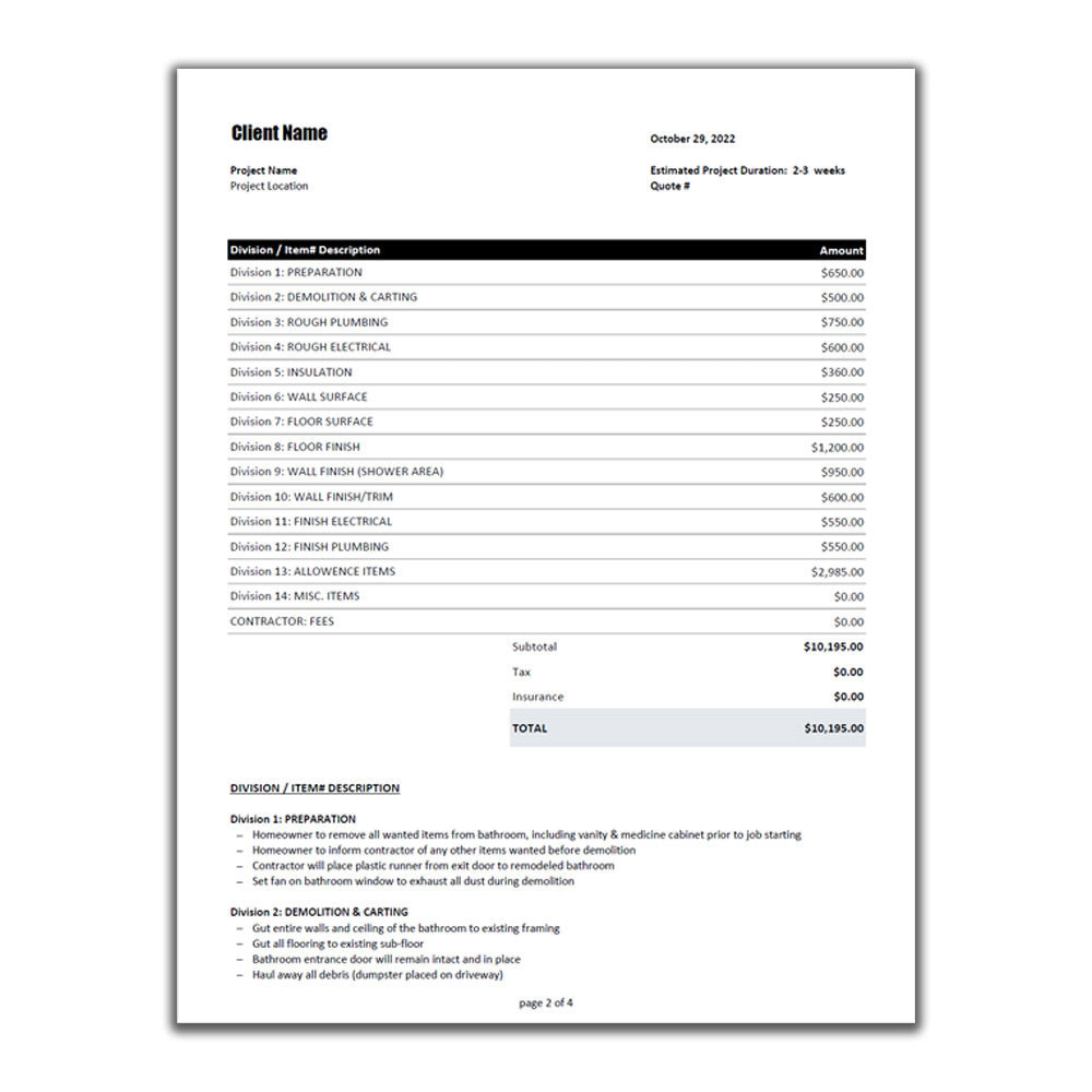 sample remodeling estimate template