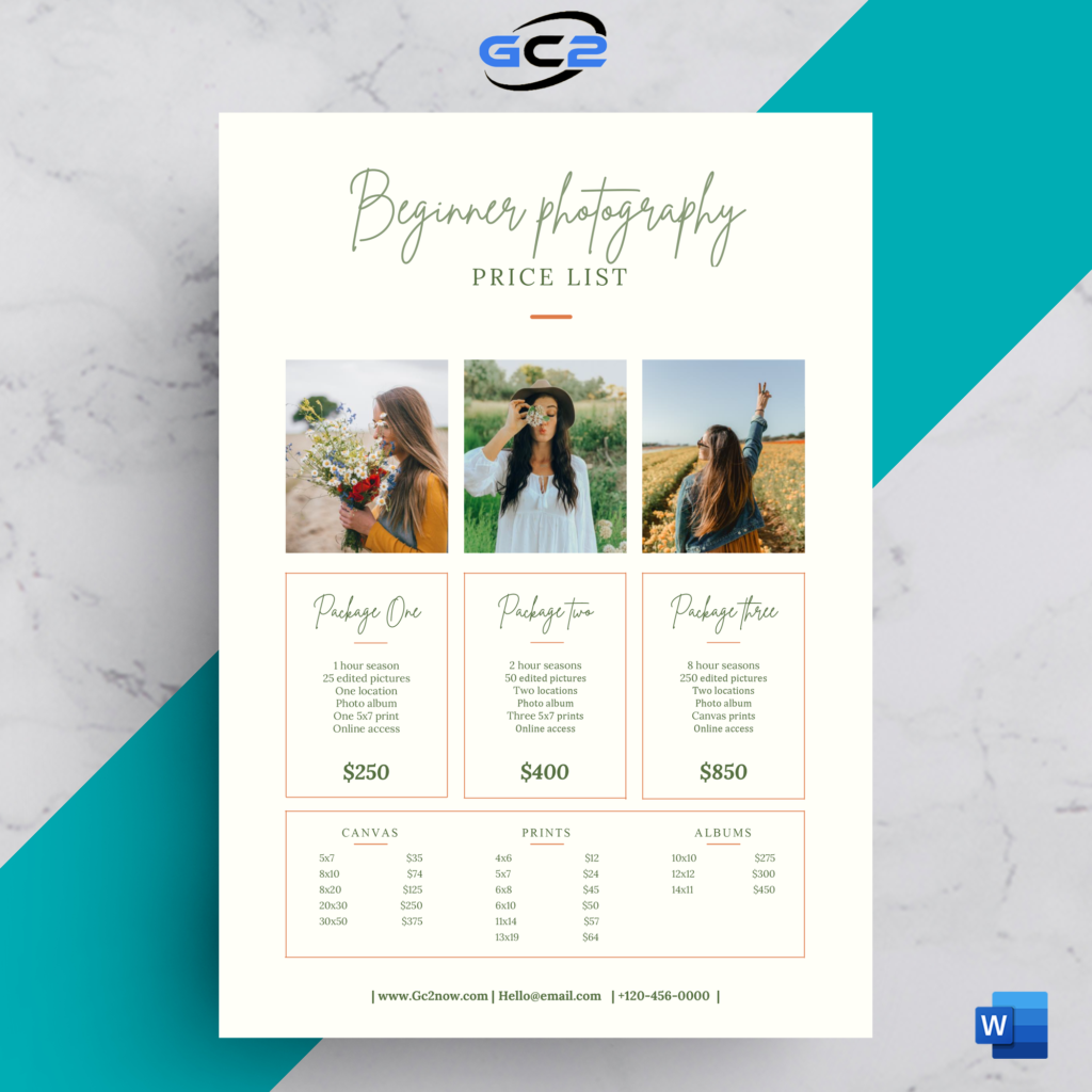 Beginner Photography Price List Template