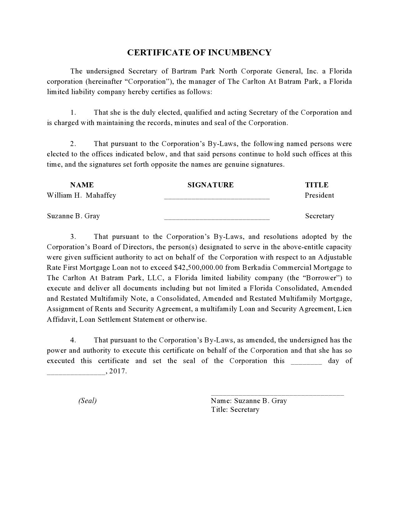 sample Incumbency Certificate template