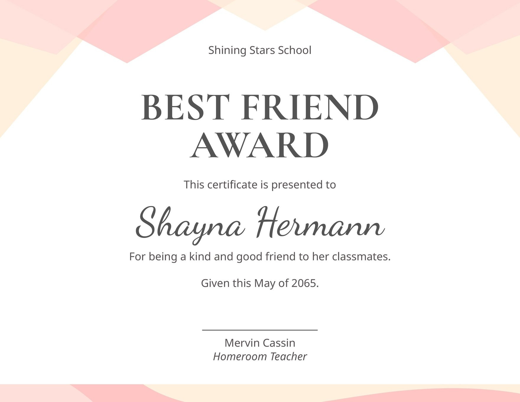 sample best friend award certificate template