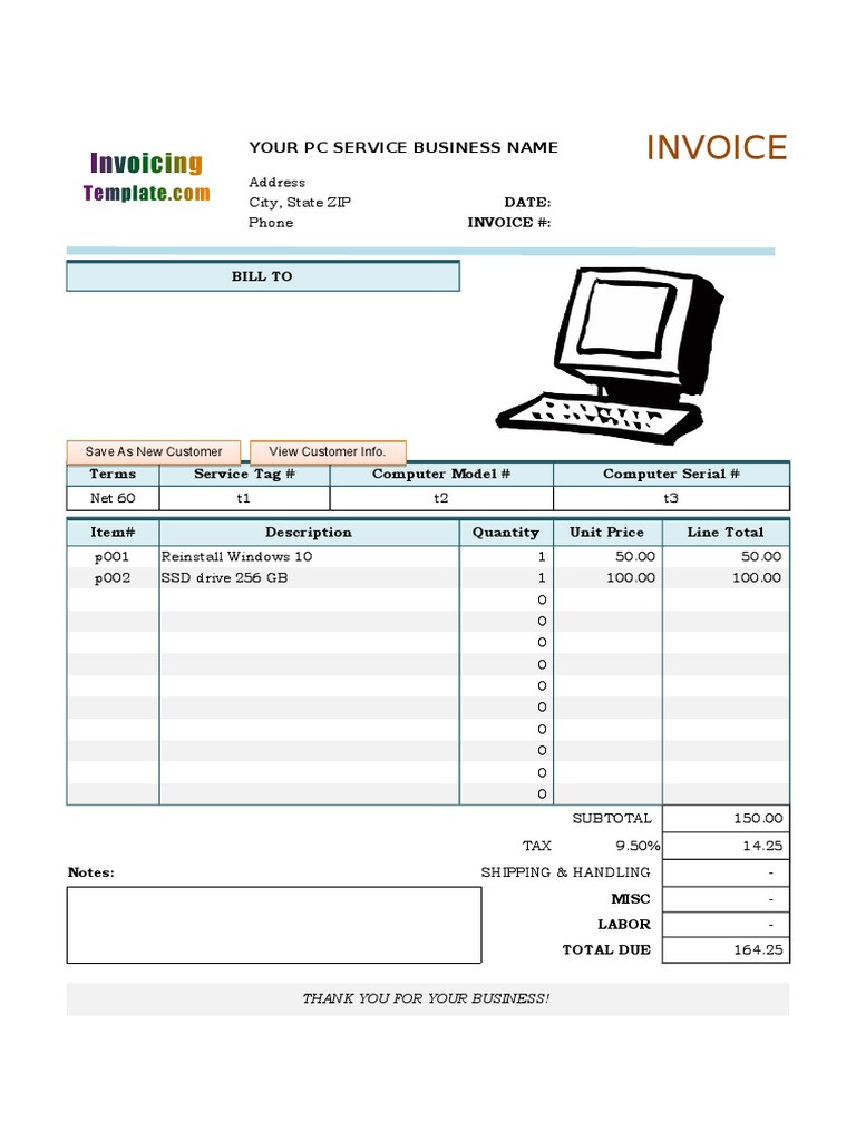 sample computer repair invoice template