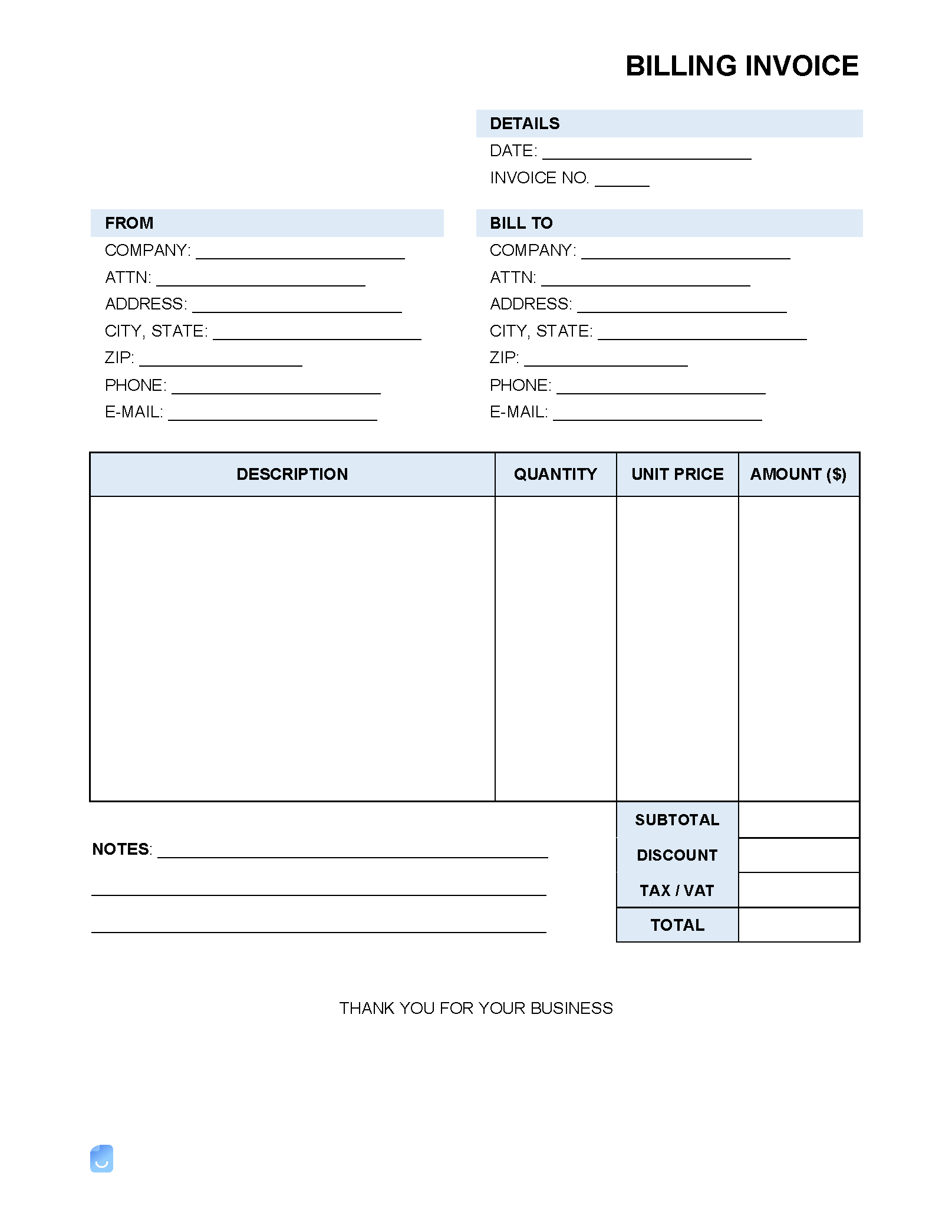 sample billing invoice template