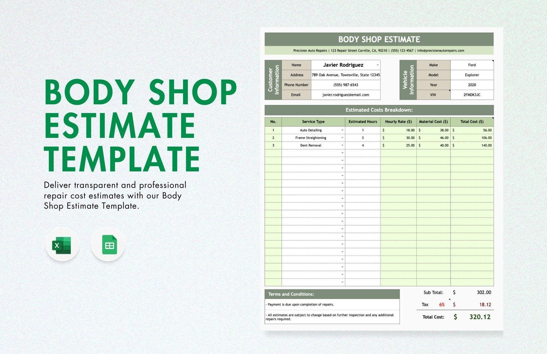 sample body shop estimate template