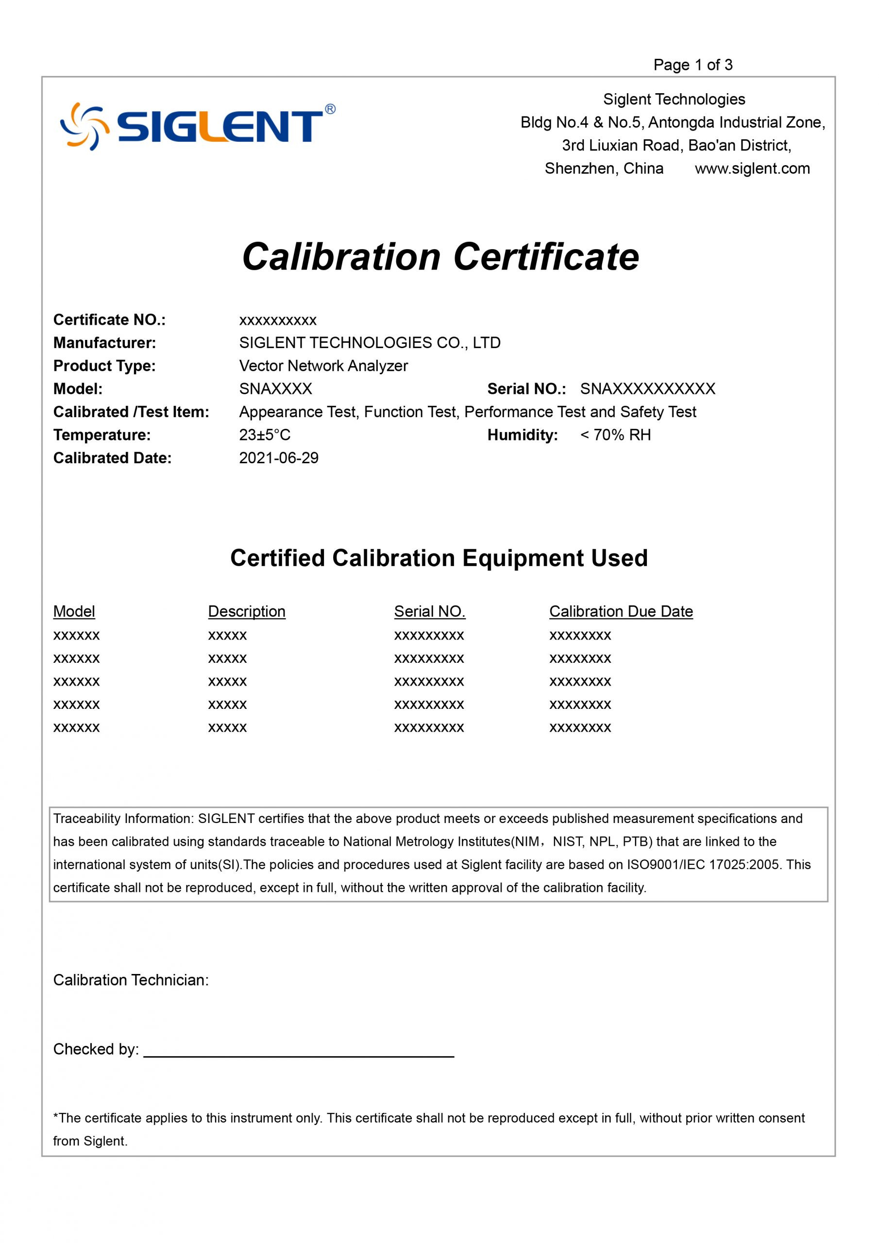 sample Calibration Certificate template