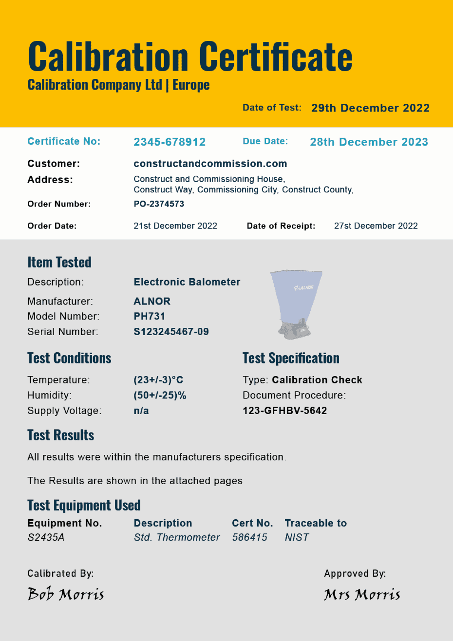 sample Calibration Certificate template