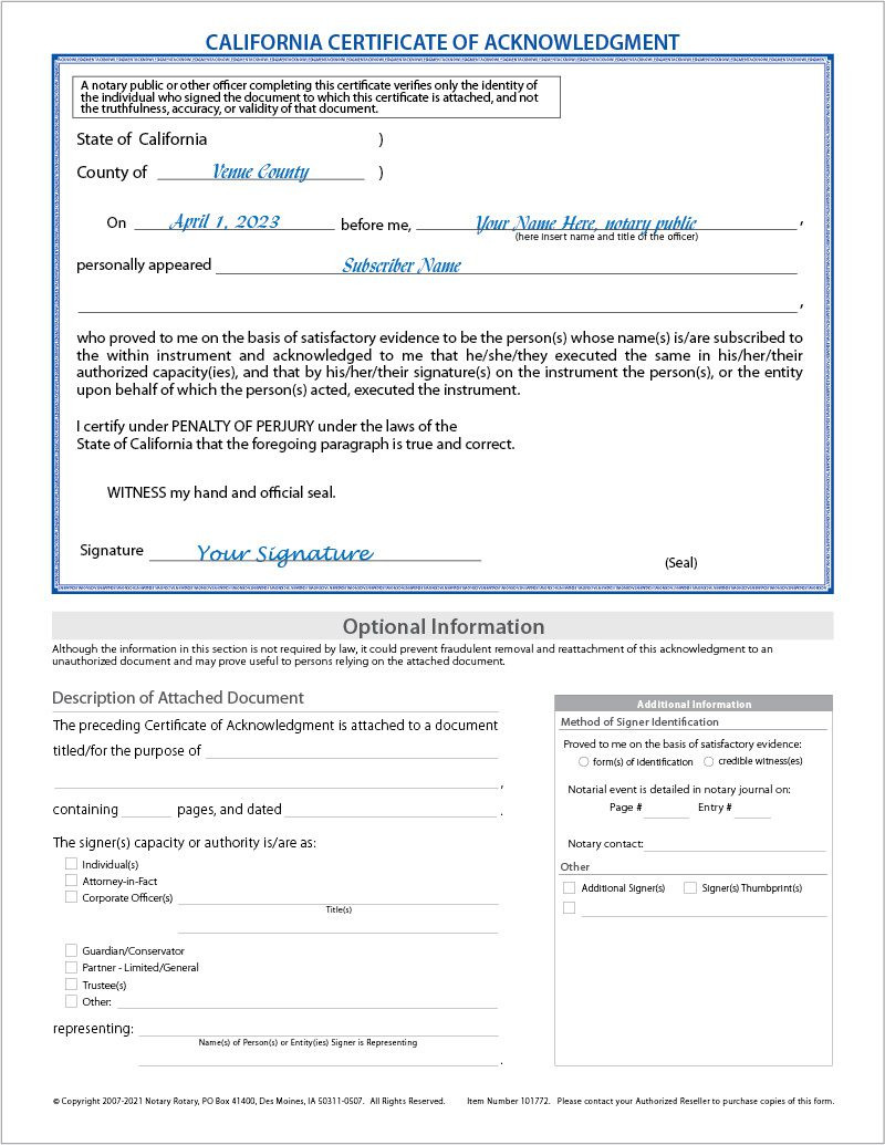 sample Notary Certificate template