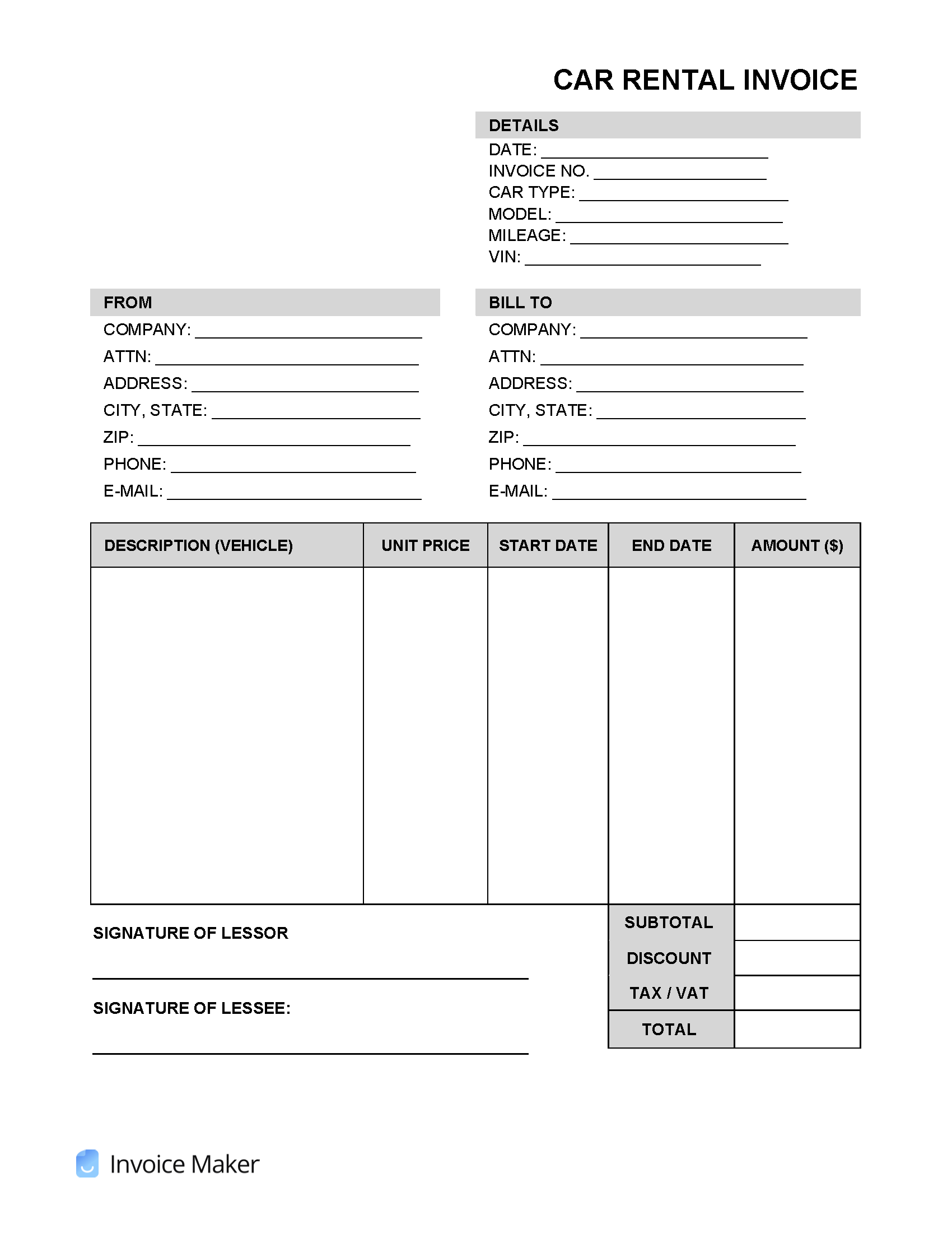 rent a car invoice template