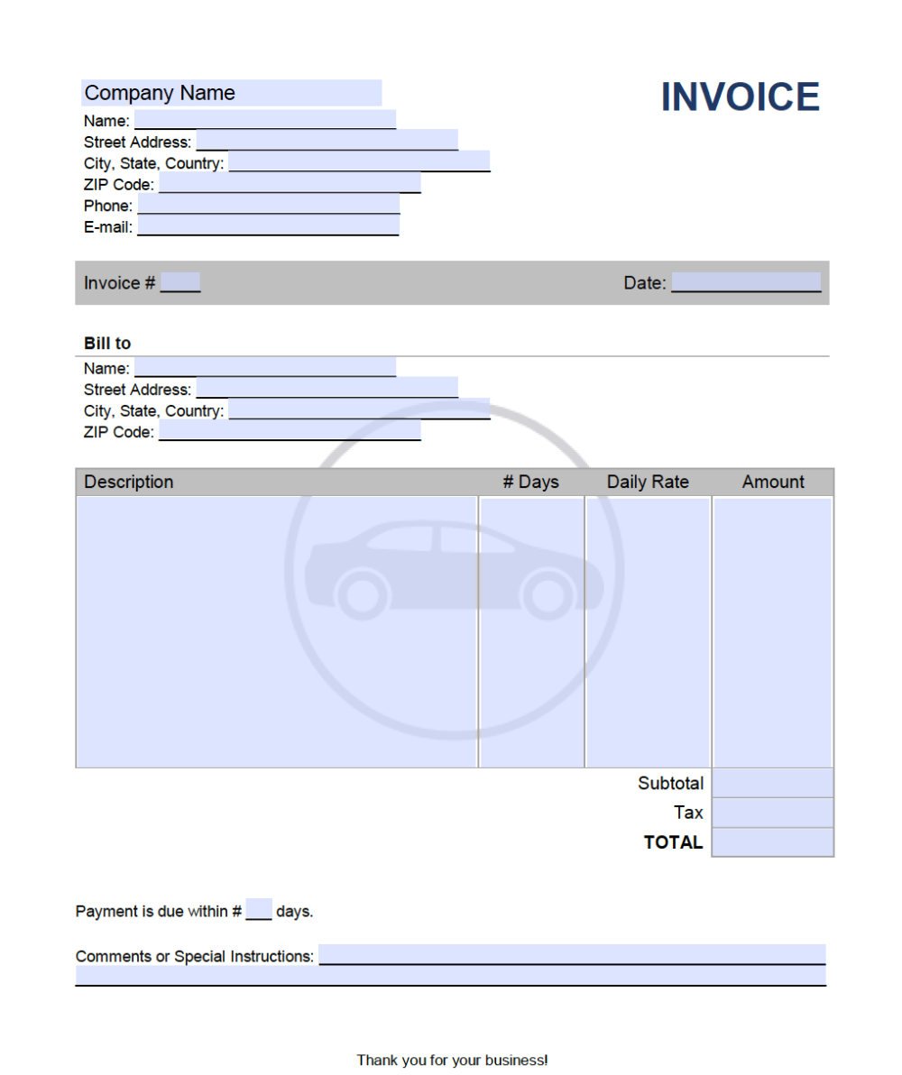 rent a car invoice template