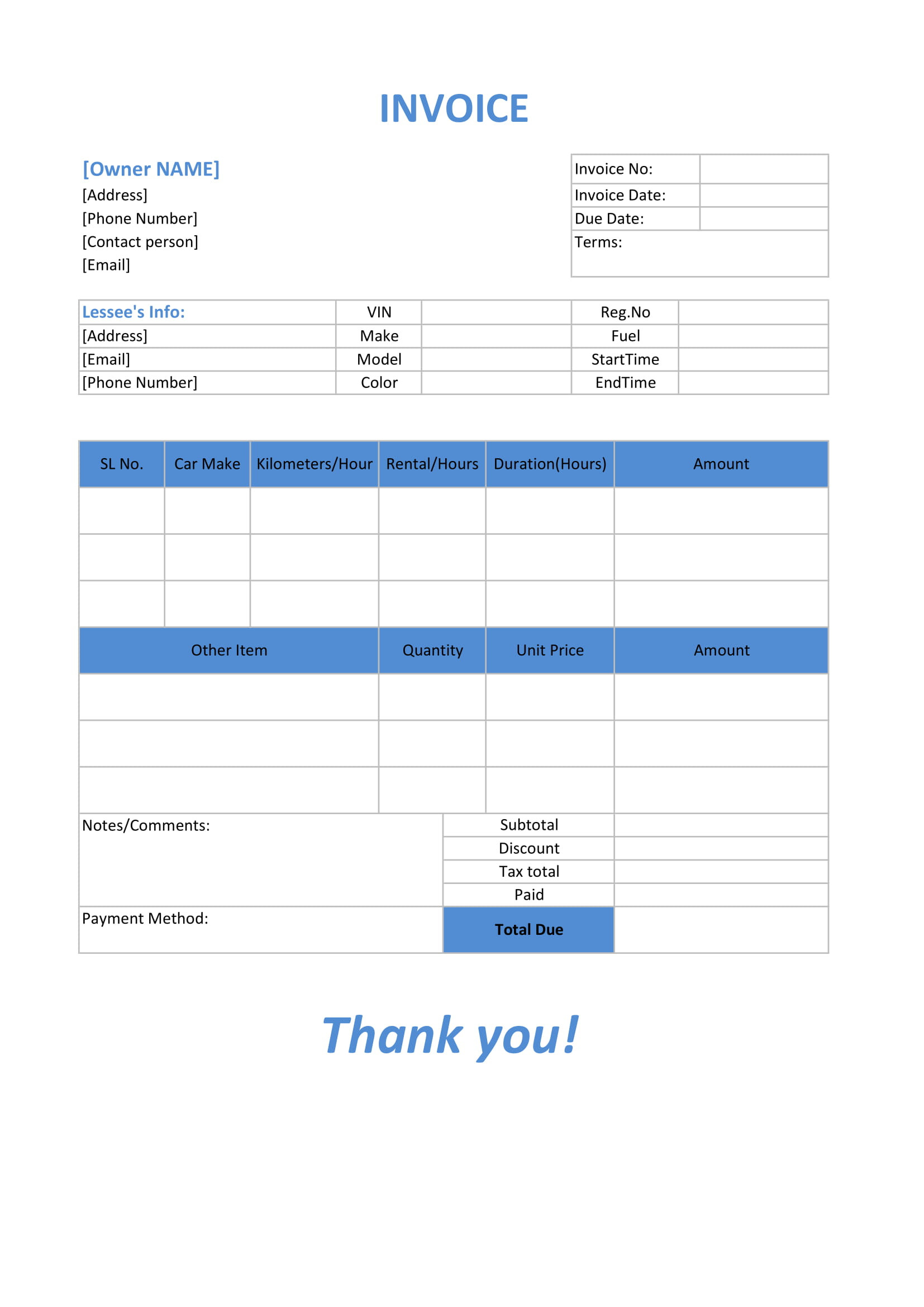 rent a car invoice template