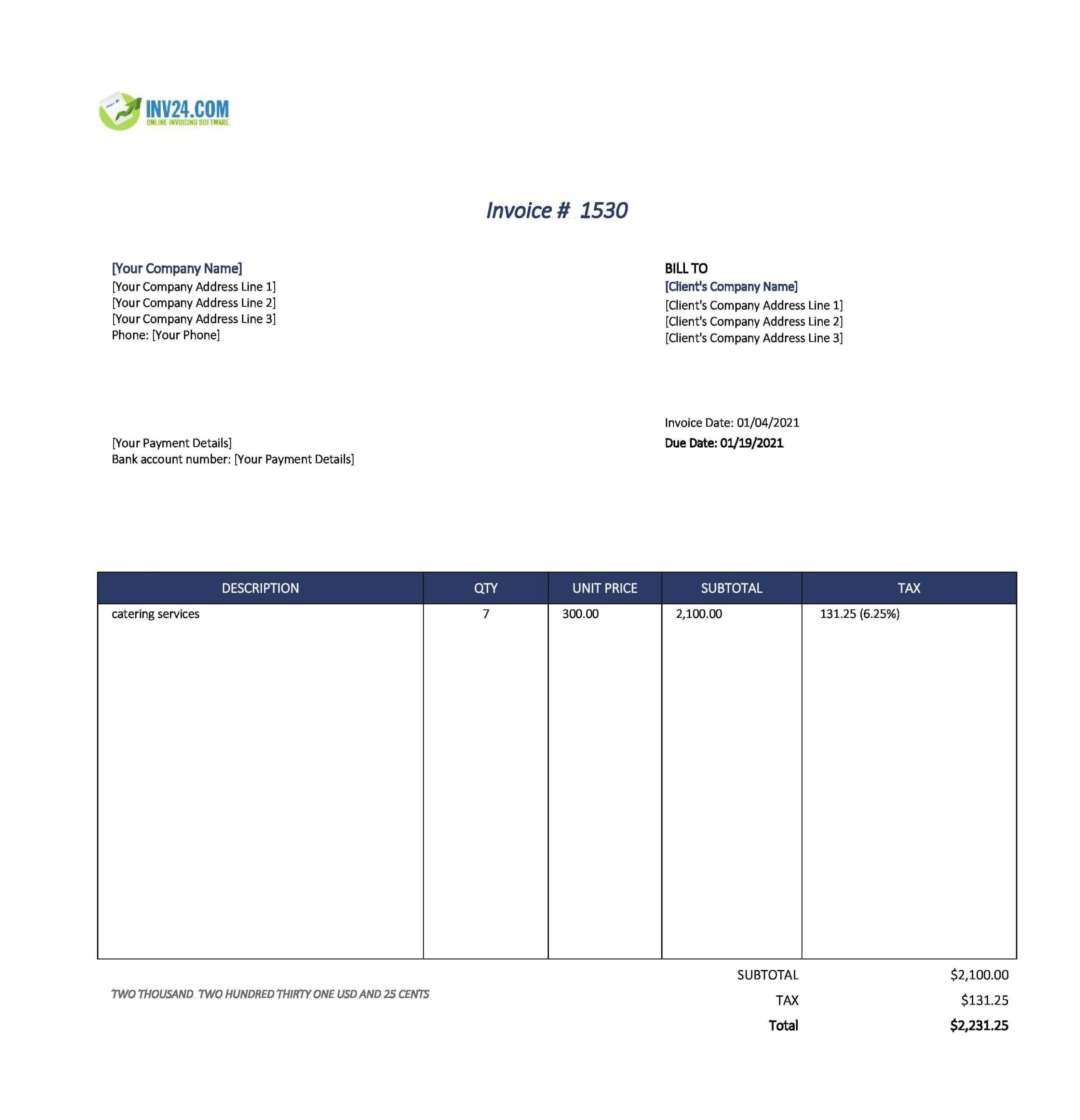 sample catering service invoice template