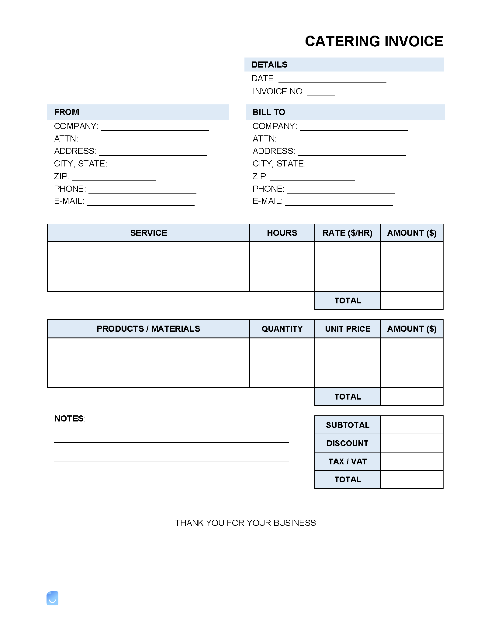 sample catering service invoice template