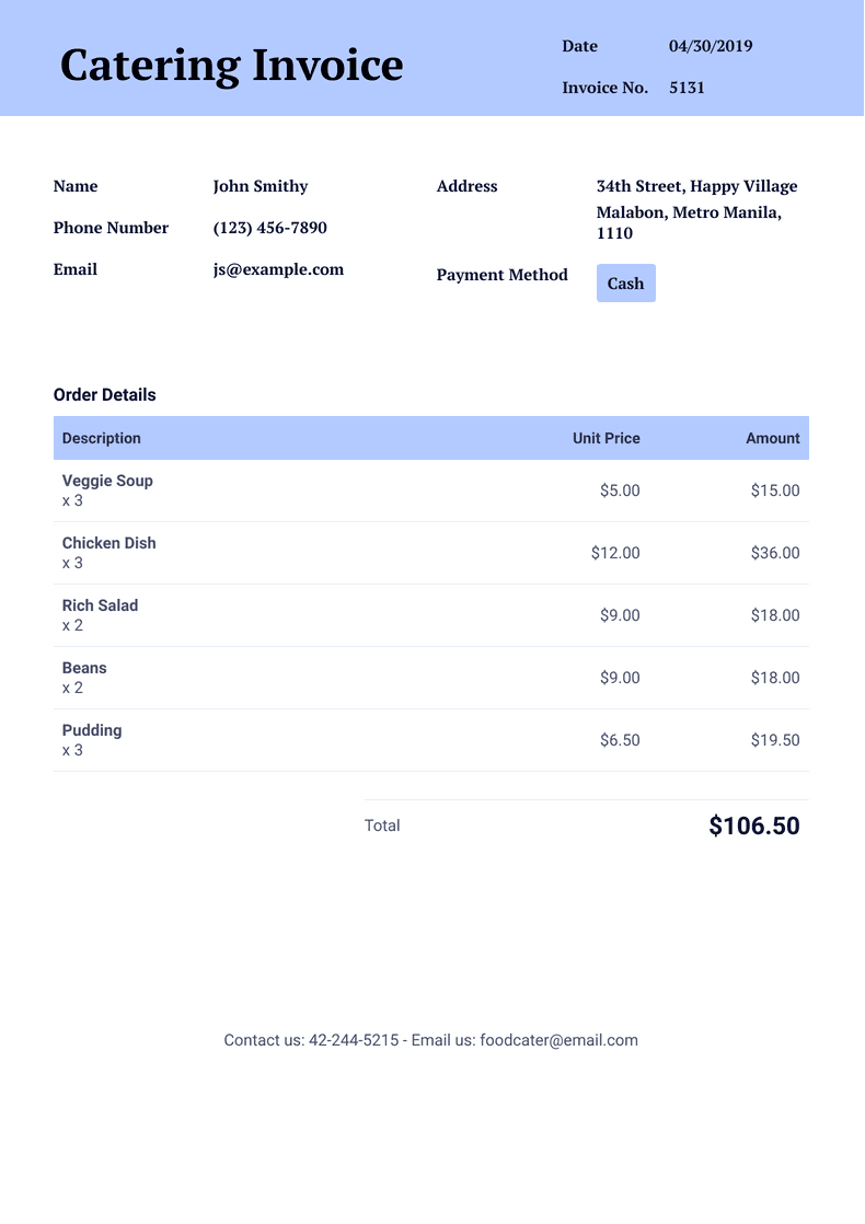 sample catering service invoice template