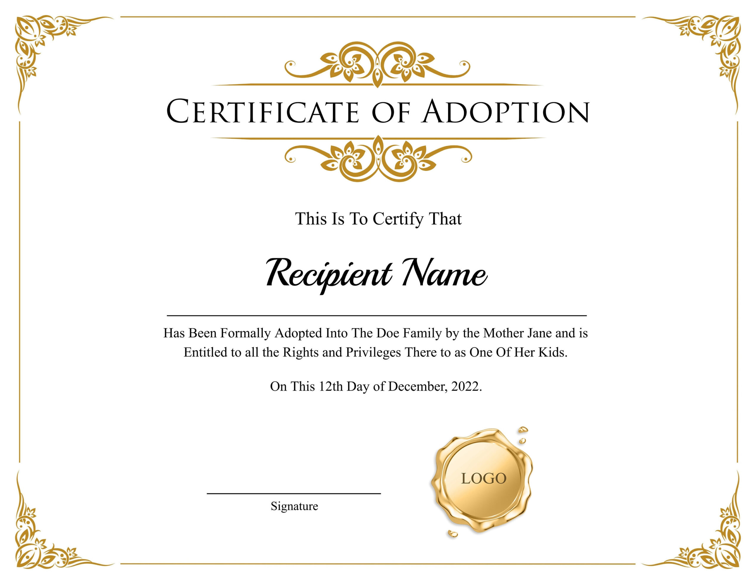 Printable Adoption Certificate Template