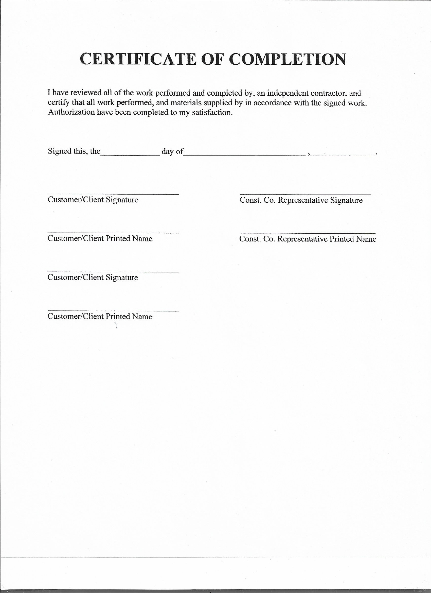 sample roof completion certificate template