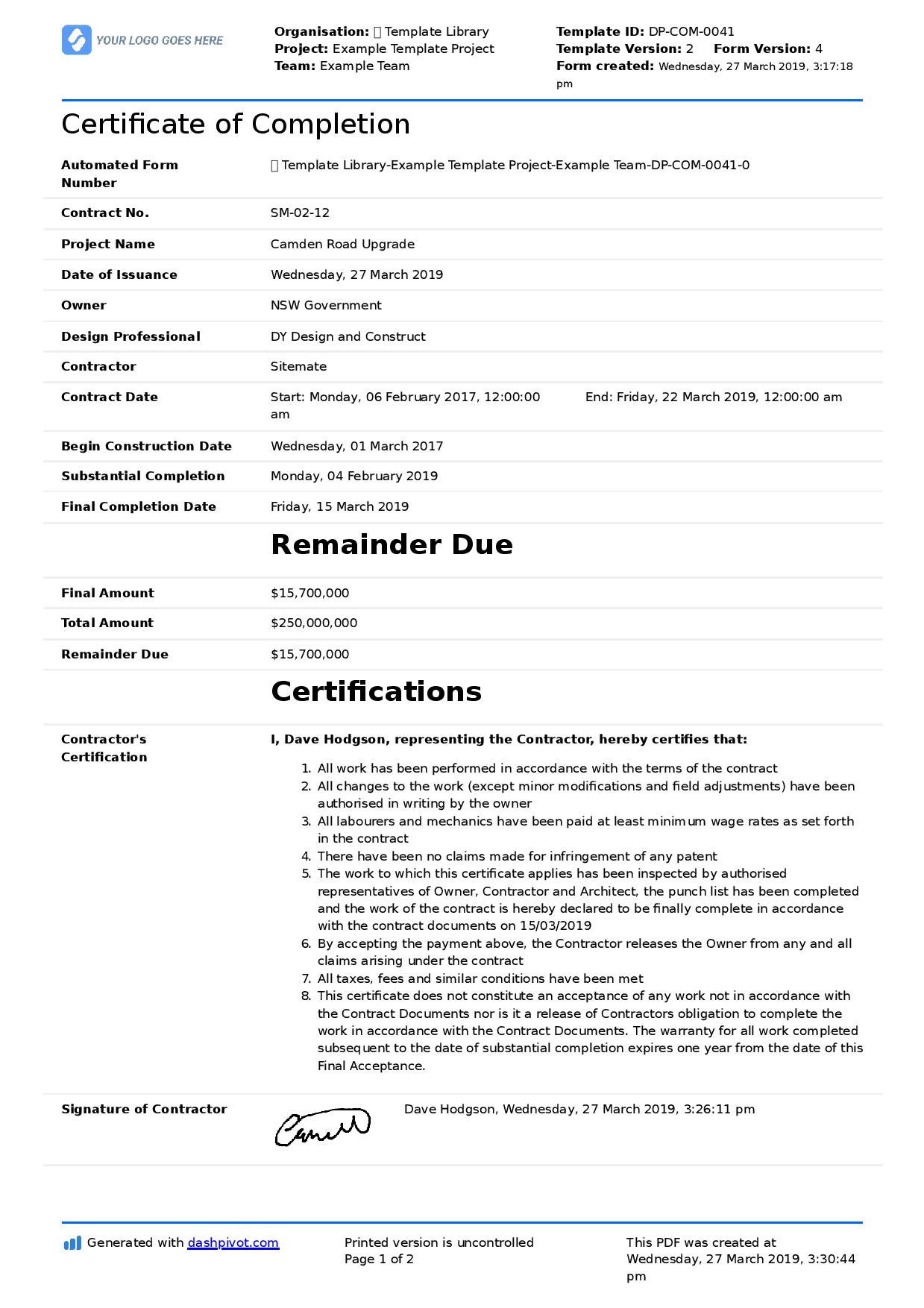 sample construction project completion certificate template